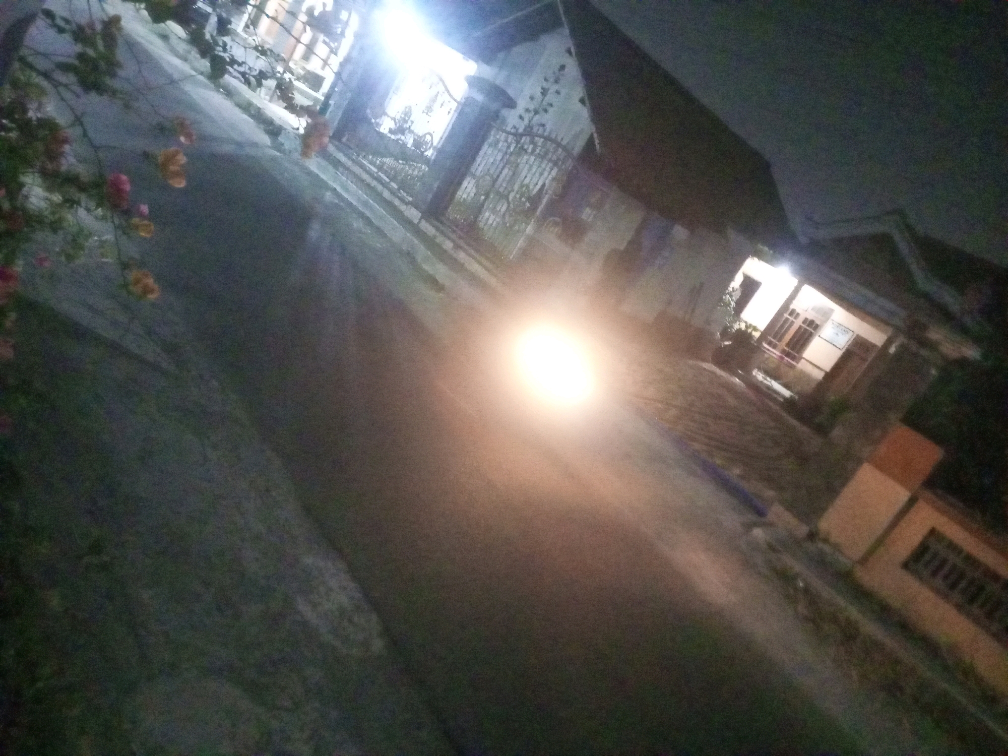 This is a night-time, low-light photograph taken in the city of Ngasem, Indonesia. The image is tilted, giving a dynamic perspective of a street scene. In the foreground, to the left, a bush with pink and orange flowers is visible, with a textured, grey wall behind it. The street itself is paved and slopes downwards. A bright headlight from an unseen vehicle illuminates the center of the road, creating a strong glare and blurring the surroundings. On the right side of the street, houses with illuminated windows and doors are visible. One house has a light-colored facade with darker trim around the windows and a tan-colored section on the right. A wrought-iron gate, possibly leading into a property, is visible further up the street on the left, adjacent to a building with a bright light shining from within. The overall impression is of a quiet residential street at night, with the bright headlights of a passing vehicle being the most prominent feature.