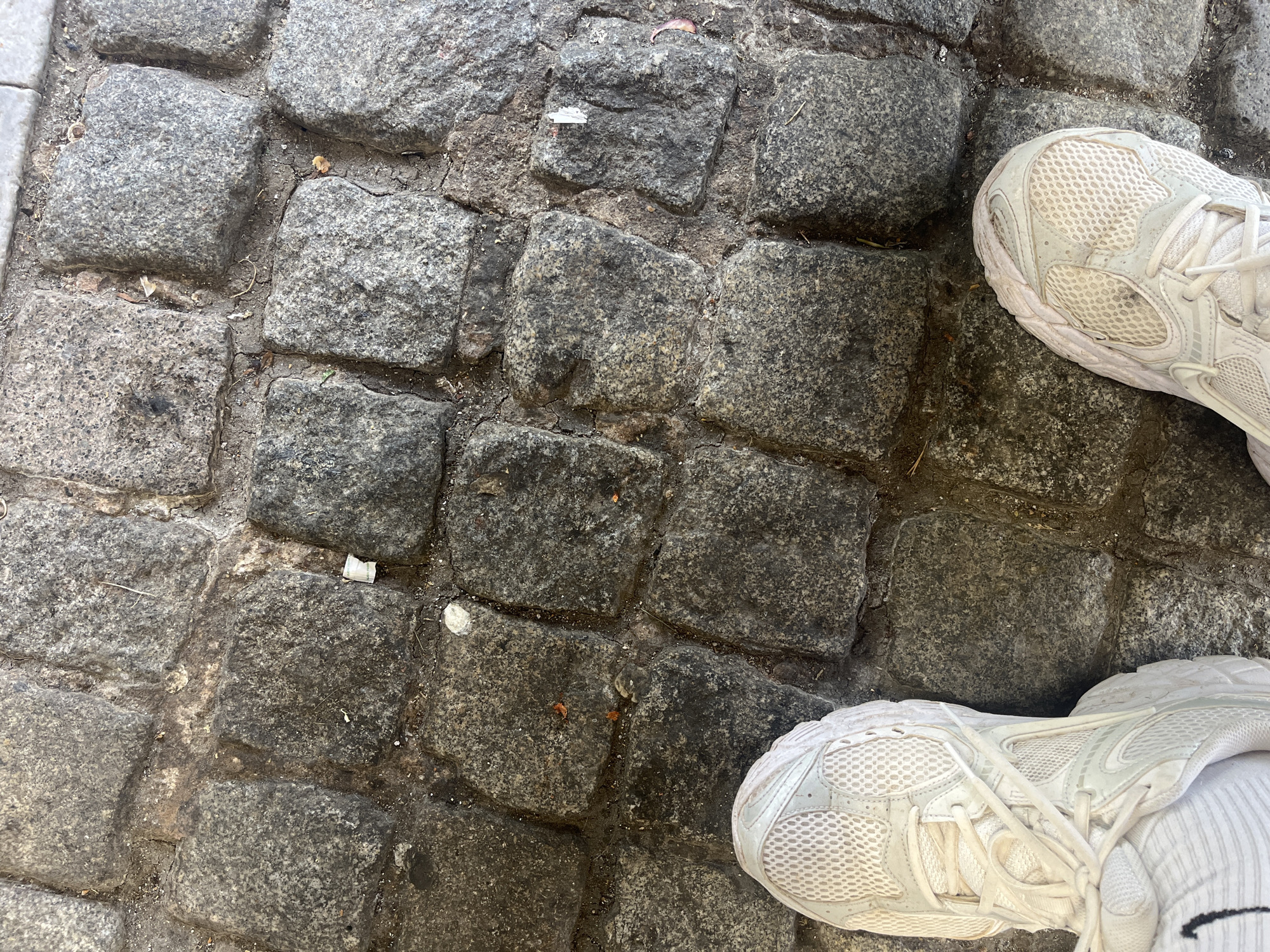 The image shows a cobblestone street in Blagoevgrad, Bulgaria. The cobblestones are mostly grey. A pair of white sneakers, partially visible, are on the cobblestones.
