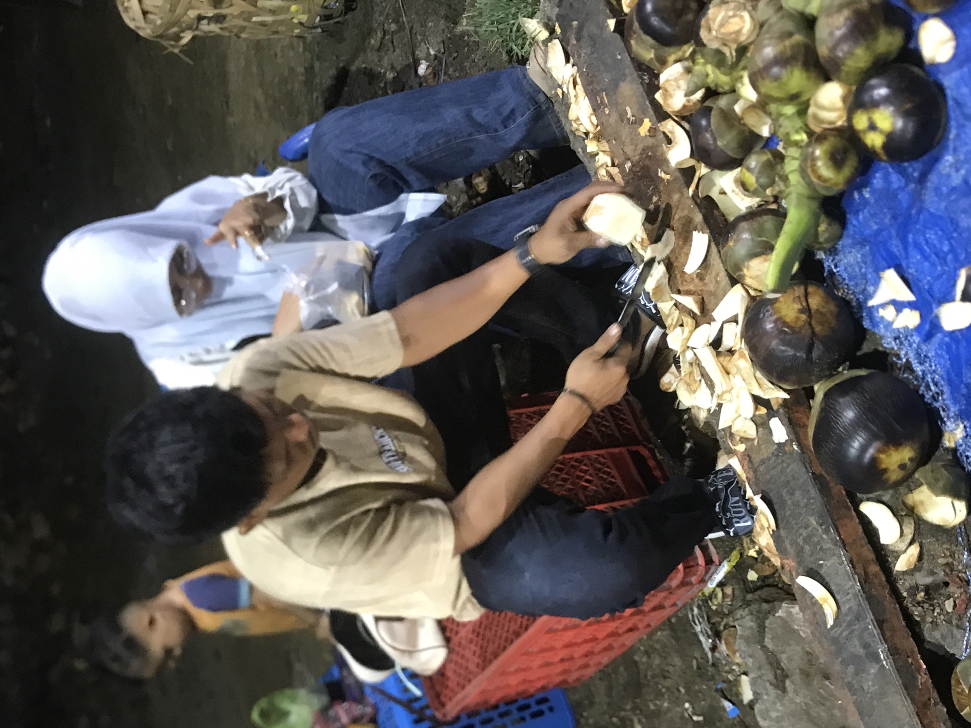Captured in the city of Banda Aceh, Indonesia, the image portrays two adults and a child at work. One adult, wearing a light-colored shirt, sits on a red crate and uses a knife to peel a fruit. Another adult, donning a white head covering, sits nearby, observing. A child is visible in the lower-left corner.
A collection of dark, round fruits and their discarded peels are situated on a weathered surface adjacent to the adults. A blue tarp and a wooden plank also feature in the composition. The scene takes place outdoors under dim lighting.