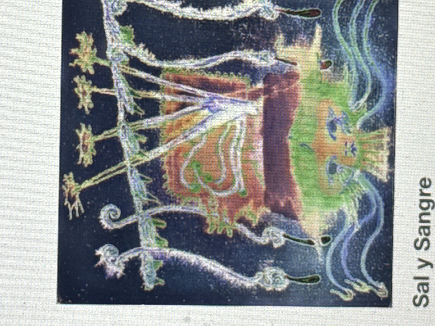 The media file displays a stylized, brightly colored artwork, possibly a painting or print, featuring a central mythological or divine figure against a dark, deep blue-black background. The figure has a distinctive green-yellow face with large, dark eyes and a somewhat square, brownish-red body. Intricate, glowing details in white, light blue, and light green outline the figure and form elaborate headdresses or hair-like extensions, as well as decorative elements radiating outwards.
On the left side of the artwork, vine-like or serpentine structures ascend, adorned with small, star-like or floral clusters. On the right, wavy, flowing elements, reminiscent of water, smoke, or ethereal energy, emanate from the central figure. The overall style suggests ancient or indigenous art, characterized by its symbolic representations and detailed ornamentation. The figure appears static, presented within its ornate setting, evoking a sense of powerful spiritual or cosmic presence.
The artwork exhibits a somewhat grainy texture, possibly indicating an aged medium or photographic capture of the piece. Vertically positioned along the right edge of the image is the text "Sal y Sangre," which translates from Spanish to "Salt and Blood." This text likely serves as the title or a descriptive caption for the artwork.