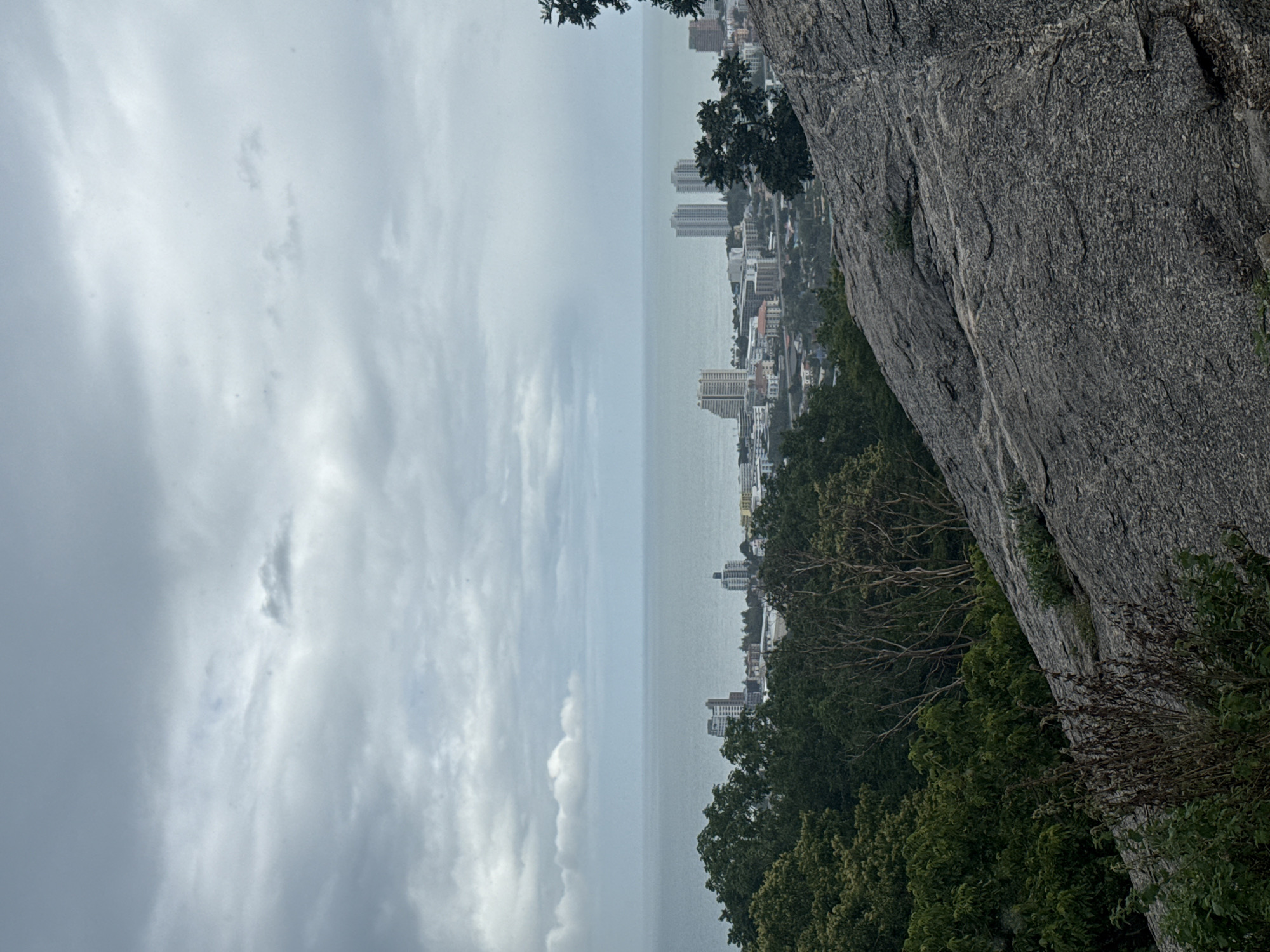 A high-angle, medium shot captures a panoramic view of Hua Hin City Municipality, Thailand, under an overcast sky. The foreground features a rugged, grey rock formation with scattered dry vegetation and some green foliage. Beyond the rock, a dense canopy of green trees and shrubs occupies the midground, leading the eye towards the distant cityscape. The city is characterized by a cluster of mid-rise buildings, including several tall, modern structures with white facades, situated along the coastline. The serene, calm sea stretches across the horizon, meeting the slightly hazy sky. The overall atmosphere is subdued, likely due to the cloudy weather.