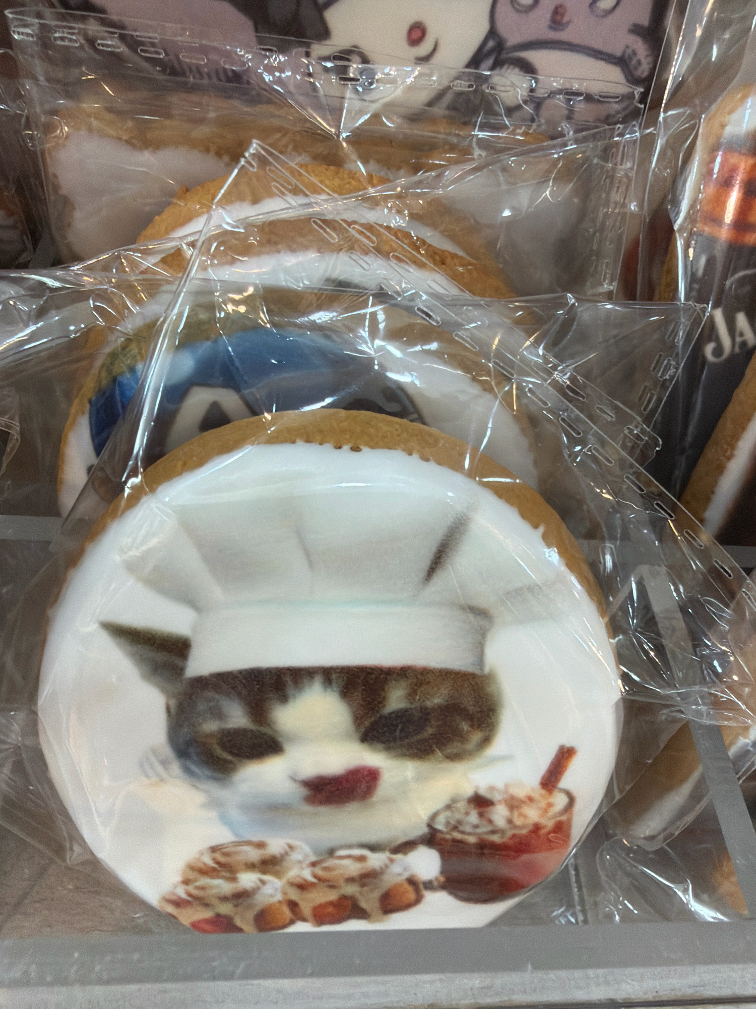 The image shows a close-up view of several cookies, likely displayed for sale. The cookies are round and individually packaged in clear plastic. The most prominent cookie in the foreground features a detailed illustration of a cat wearing a chef's hat and sporting red lipstick. Behind the cat, there are depictions of cinnamon rolls and a mug of hot chocolate with a cinnamon stick. The cookies are layered, with other cookies visible behind the main one, some featuring cartoonish characters and what appears to be a bottle label. The overall setting seems to be a retail environment, possibly a bakery or a confectionery shop. There is no information about the city of Pavlodar, Kazakhstan, in the image.