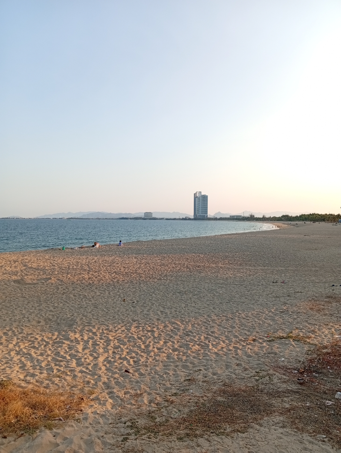 The image presents a wide-angle view of a expansive sandy beach bordering a calm sea, under a clear sky. The foreground and midground are dominated by the light golden-brown sand, showing subtle ripples and scattered footprints. Patches of dry, reddish-brown vegetation are visible along the immediate edges of the beach in the foreground.
The blue-green waters of the sea gently meet the shoreline on the left side of the frame, extending towards the distant horizon. In the mid-distance on the beach, near the water's edge, a few small figures of people can be observed. One person, dressed in blue, appears to be sitting or kneeling, while another figure is lying down on the sand nearby.
In the background, a hazy outline of mountains or hills stretches across the horizon, beyond the sea. Along the distant coastline, several buildings are visible, including a prominent, tall, modern skyscraper with a white facade standing distinctly on the right side of the frame. Other smaller structures are also scattered along the distant shore.
The soft, warm lighting on the sand, characterized by elongated shadows, suggests it is either early morning or late afternoon, likely the "golden hour." The sky is largely clear, transitioning from a pale blue at the top to a lighter, almost white or yellowish hue near the horizon. The overall weather appears serene and pleasant. The scene depicts a coastal landscape blending natural beauty with urban development, consistent with a location like Khánh Hải, Vietnam. No visible text is present in the image.