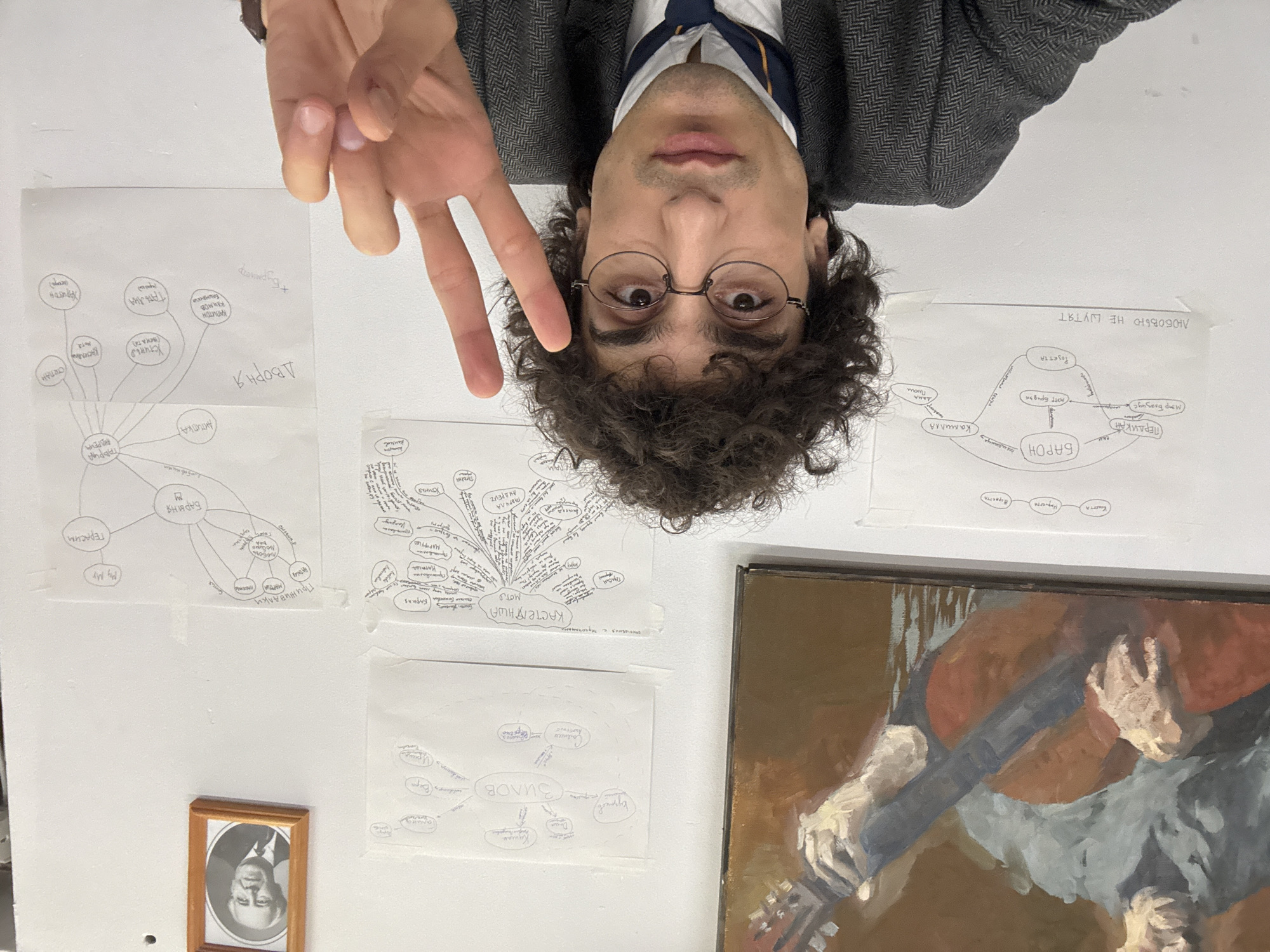 The image depicts a man with curly hair, wearing glasses, a white shirt, a tie, and a grey tweed jacket, holding up a peace sign. The image appears to be taken with the camera rotated upside down. Behind him, attached to a white wall, are several sheets of paper with handwritten mind maps, seemingly in Russian, related to a character called "Барон", and other related words like "Любовью не шутят." A framed black and white portrait and a painting depicting a person playing a guitar are also visible. The setting and written words suggest the location is likely Moscow, Russia.