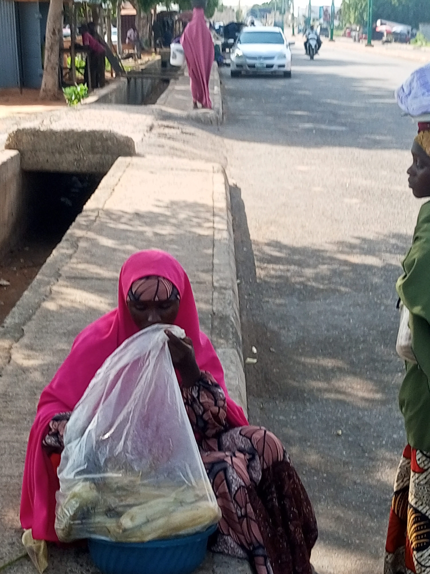 In a city setting that appears to be Tempure, Nigeria, a woman wearing a bright pink hijab and a patterned dress is seated on a concrete ledge. She is holding a clear plastic bag filled with what appear to be ears of corn, and her hand is reaching into the bag. A blue plastic basin sits in front of her, possibly holding more produce. Beside her, another person, partially visible, is wearing a green garment and a patterned skirt, and appears to be a vendor as well. The background shows a street with light traffic, including a white car and a motorcycle, and sparse vegetation. The scene suggests a market or roadside commerce environment.