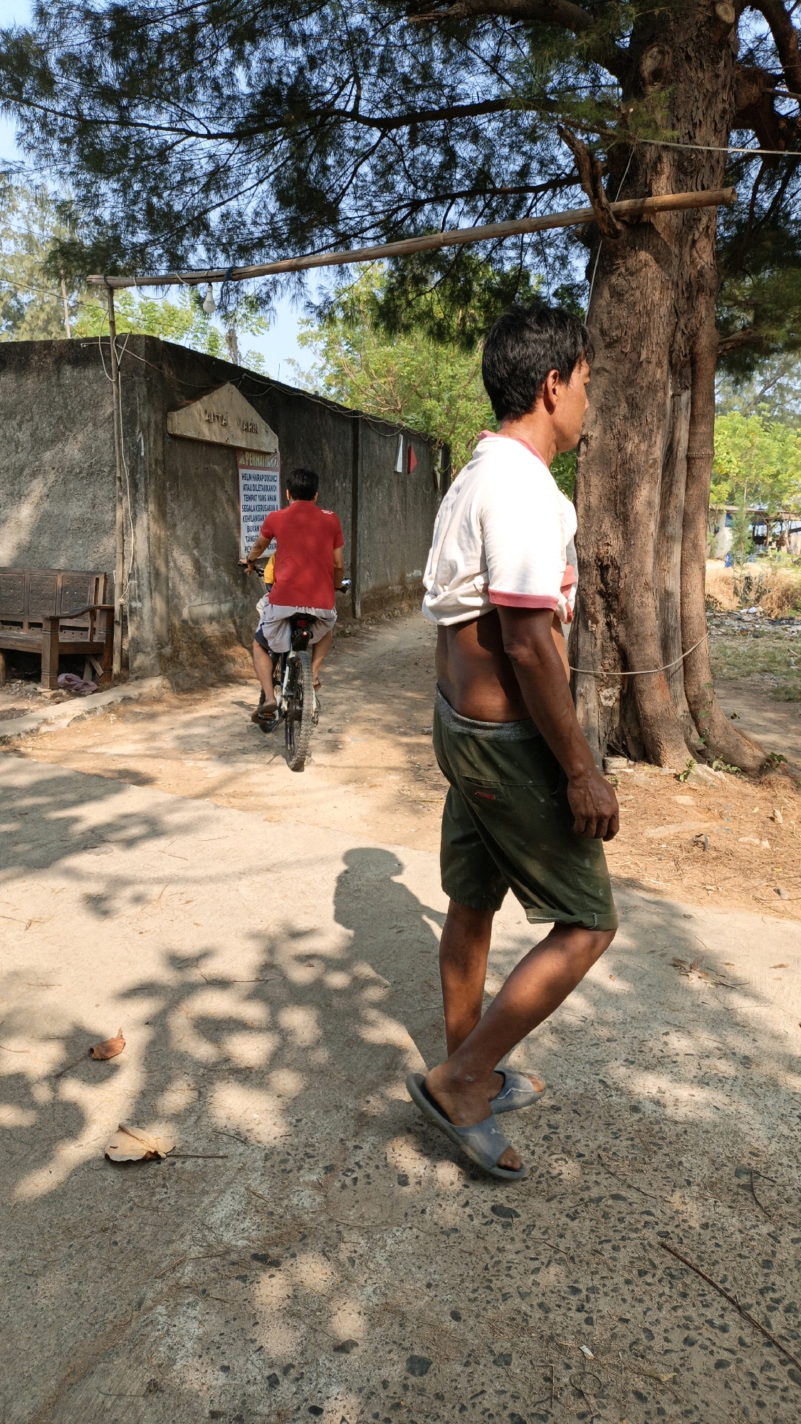The image captures a sunny outdoor scene near a wall in Cikal, Indonesia. In the foreground, a man is walking away from the camera, seen from the side. He is wearing a white t-shirt with red trim and green shorts, and gray sandals. His left arm is bent, and his right arm hangs loosely. His shadow stretches across the concrete ground. In the middle ground, another man is riding a bicycle away from the camera, wearing a red t-shirt and gray shorts. The bicycle is black and has a visible chain and pedals. Behind the cyclist, a weathered concrete wall runs horizontally across the image, with a wooden bench or seating area to the left. The wall has some signage attached to it. A large tree with textured bark is prominent on the right side of the frame, with branches extending overhead. The ground is a mixture of concrete and dirt, with scattered leaves and debris. The overall environment suggests a warm, possibly humid, day with dappled sunlight filtering through the trees.