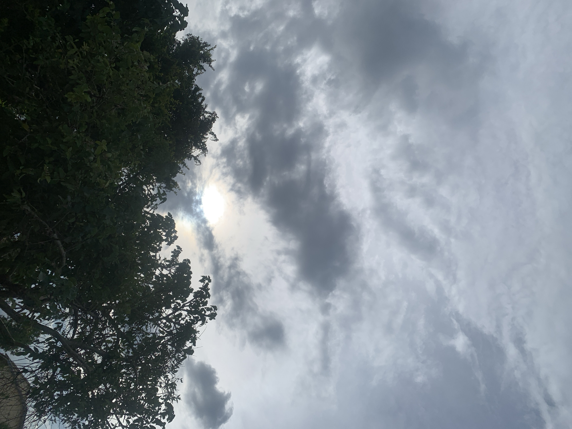 The image depicts an overcast sky with the sun peeking through the clouds. Dark, heavy clouds dominate the upper portion of the frame, with lighter clouds and streaks of sunlight visible in the center and right. Silhouetted against the sky at the bottom are the dense green canopies of trees. The scene appears to be outdoors in a location that could be Kuru Karama, Nigeria, given the mention. There are no people or specific objects visible in the image, only the natural elements of the sky and trees. The overall impression is of a dramatic and somewhat moody sky, possibly before or after rain.