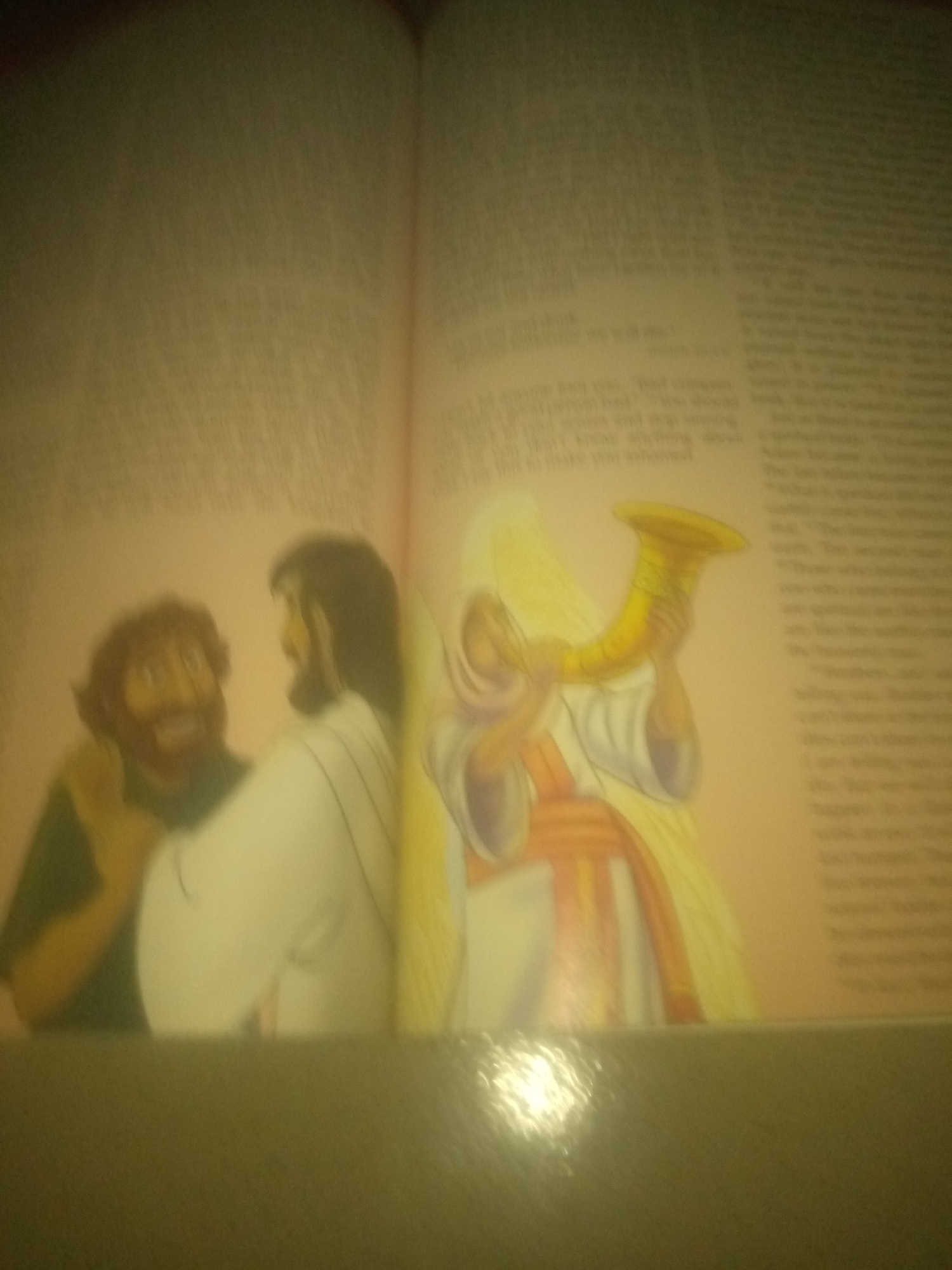 The image shows an open book with text on the right page and an illustration on the left page. The illustration depicts two figures, one on the left with a beard and red hair, and another in the center wearing white robes and with dark hair. To the right of the robed figure is an angelic figure with yellow wings, wearing an orange and white sash, and blowing a golden horn. The background of the illustration is a pale peach color. The text on the right page is small and appears to be in columns. The book is placed on a dark surface, which reflects a bright light in the lower right corner. The image is out of focus, making precise details difficult to discern. There is no information in the image that indicates a location in Jauro Yinu, Nigeria.