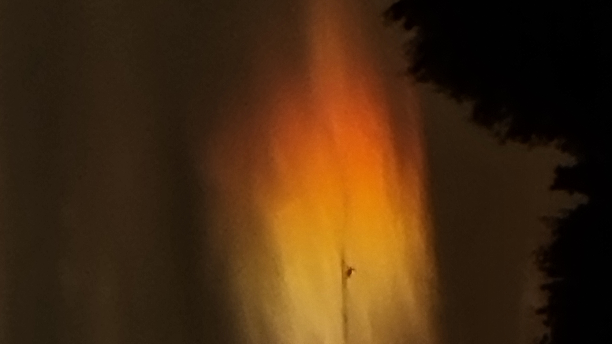 The image depicts a dimly lit scene with a gradient of colors in the sky, transitioning from dark brown at the top to orange and yellow in the middle, before darkening again towards the bottom. Silhouetted against the sky are the dark shapes of trees, forming a jagged line across the lower portion of the frame. In the middle-left of the image, a small, dark object with wings is visible, appearing to be an aircraft or bird in flight against the colorful sky. The overall impression is that of a sunset or twilight, with limited visibility due to the low light conditions. There is no discernible indication of the city of Vysokoe, Russia.