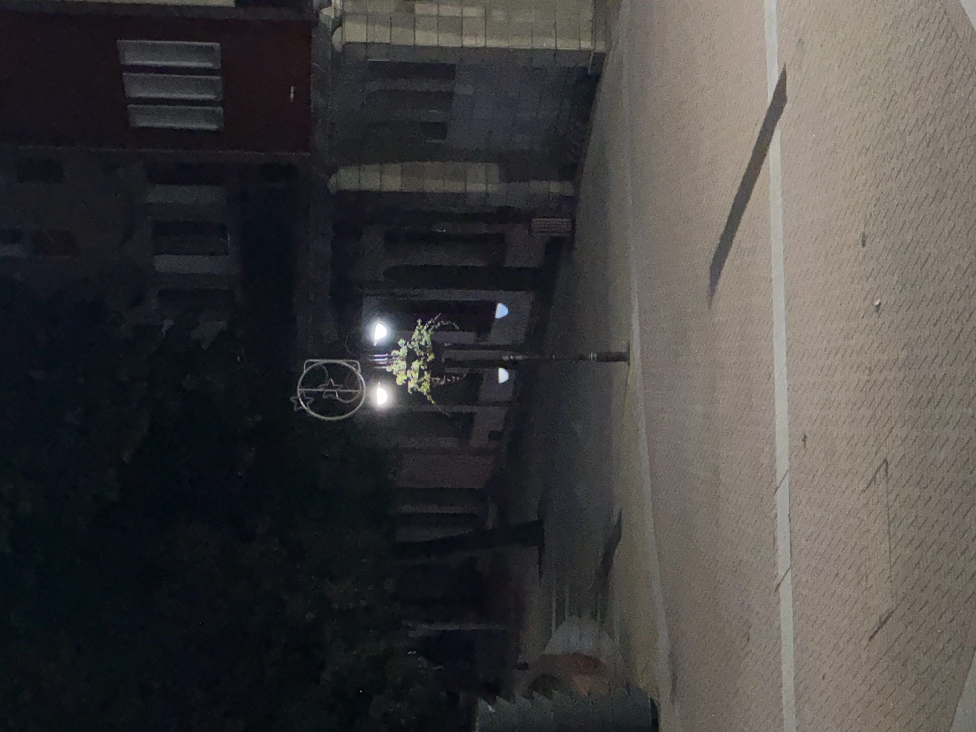 The image shows a street scene at night, featuring a building on the left with multiple windows. A street lamp with floral decorations is visible, casting light onto the sidewalk. The sidewalk has a textured surface, and a dark shadow stretches across it. Vegetation appears dense and dark near the building. The image provides a perspective from above.