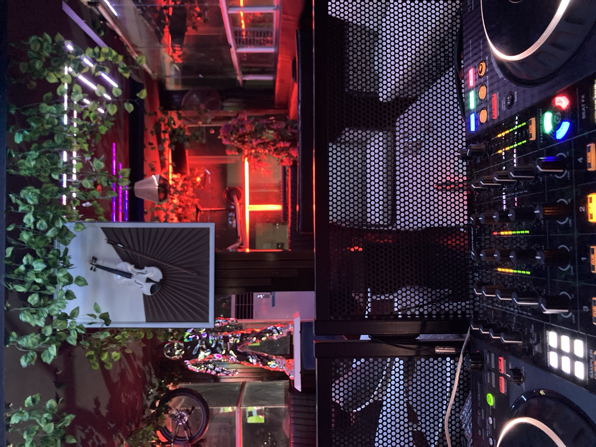 This image depicts the interior of a dimly lit nightclub or bar, likely in Abuja, Nigeria. The foreground is dominated by a DJ setup, featuring a black DJ mixer with illuminated buttons and faders, and a turntable on the left. Behind the DJ equipment, a black mesh barrier separates the DJ booth from the rest of the venue.
The background reveals a vibrant, atmospheric space with a strong red and purple lighting scheme. Artificial green vines hang from the ceiling, adding a touch of nature to the artificial environment. A framed artwork of a white violin with a bow is prominently displayed on the wall. To the left of the artwork, a life-sized mannequin or performer dressed in a reflective, multi-colored suit stands on a pedestal. An air conditioning unit is visible behind the mannequin. Further into the venue, illuminated red neon lighting runs along horizontal surfaces, and several tables and seating areas are partially visible. The overall impression is one of a trendy entertainment venue with a focus on lighting and visual spectacle.