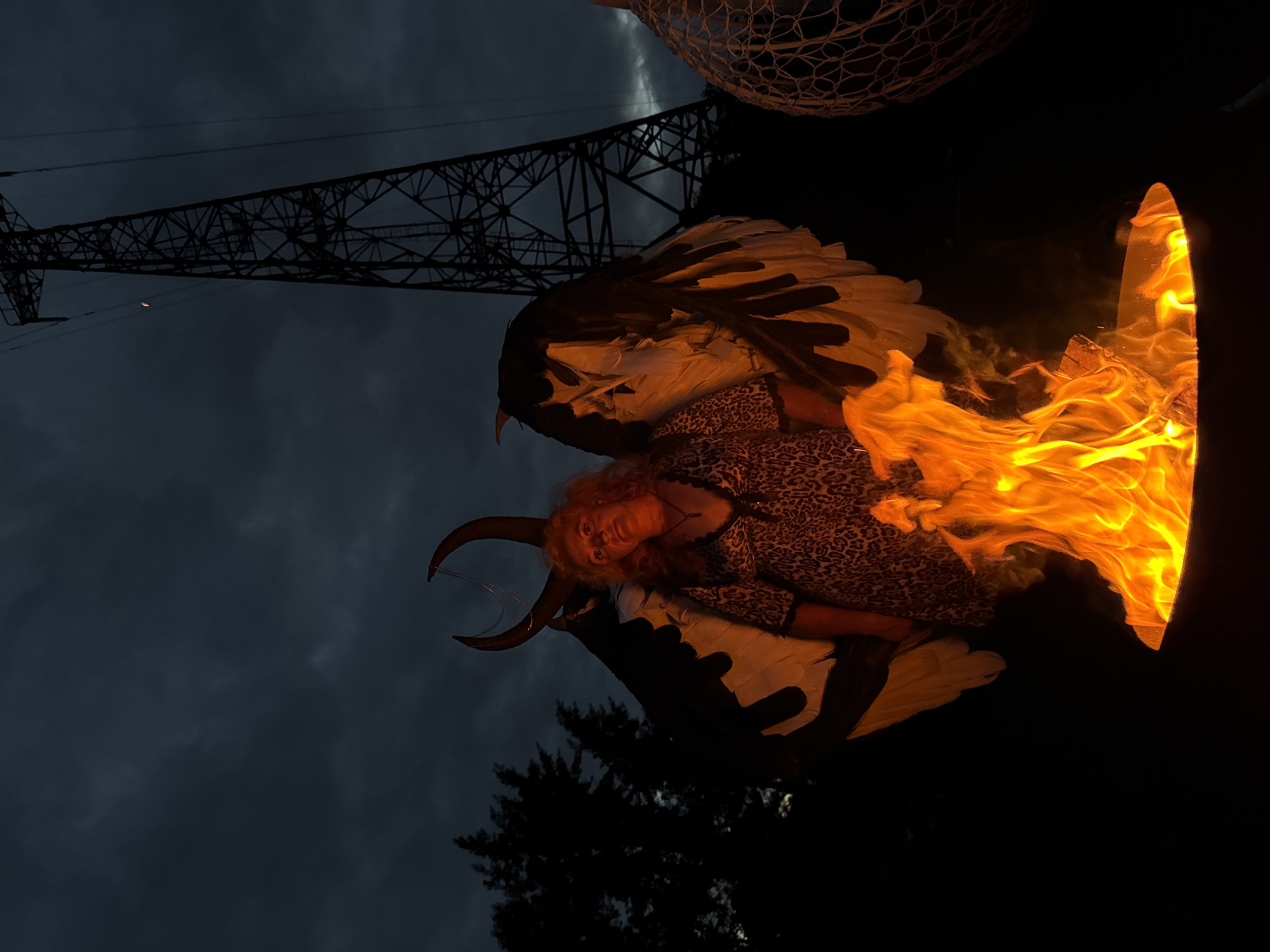 A woman with red, curly hair and a leopard-print dress stands in front of a large bonfire. She has large, feathered wings and two curved horns on her head. Behind her, a tall electricity pylon looms against a dark, cloudy sky. The scene is set outdoors, possibly in a park or open area, given the presence of trees and the pylon. There is also a woven sphere-like object visible on the right side of the frame. The overall mood is dramatic and somewhat eerie due to the lighting and the woman's costume.