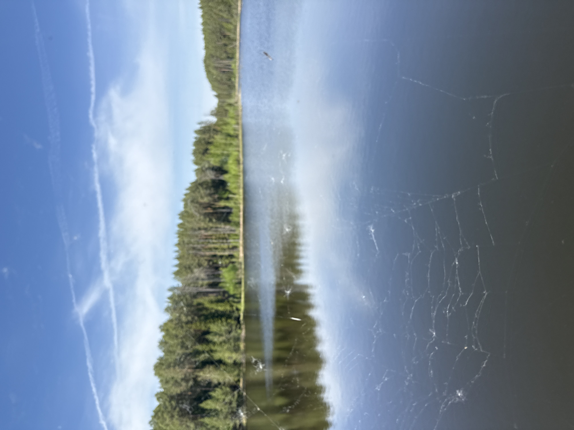 The image shows a body of water next to a forest. The sky is blue with some clouds and contrails. There appears to be a spiderweb or cracks on the surface of the lens or protective glass. The scene potentially could be near a lake in Votkinsk, Russia, due to the prevalence of forests and bodies of water there. However, specific identification of the location within the city or surrounding areas requires more specific geographical markers.