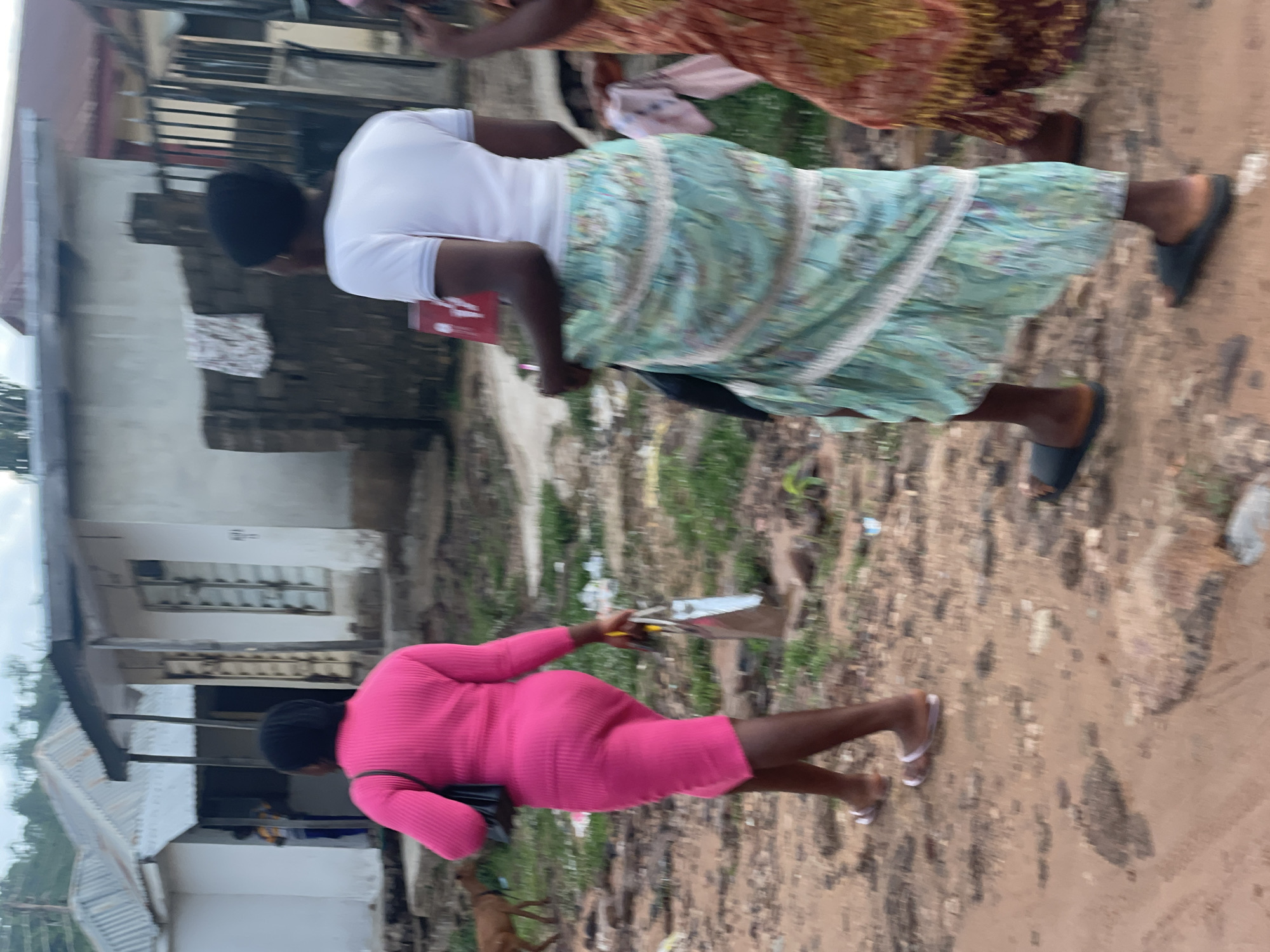 In Lokoja, Nigeria, three women walk along a dirt path with scattered grass and debris. The first woman from the left is wearing a bright pink, long-sleeved dress and carrying a black handbag on her left shoulder and a shopping bag in her right hand. She wears light-colored sandals. To her right, another woman is dressed in a white short-sleeved shirt and a light blue, floral patterned skirt. She carries a black bag on her left shoulder and appears to be holding a red object with white lettering in her right hand. She wears dark slides. The third woman on the right is partially visible, wearing a patterned dress in shades of orange and brown. A brown dog is seen in the background on the left. The environment includes simple buildings with corrugated metal roofs, a stone wall, and a metal gate.