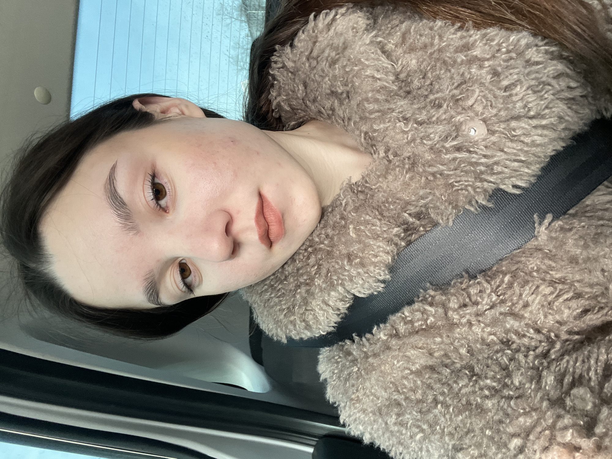 A young female is depicted in a selfie-style photograph, seated inside a vehicle in Chaikovsky, Russia. She has dark brown hair, dark brown eyes, and light skin with visible blemishes on her face. Her lips are coated with a light, warm-toned lipstick or gloss. She is wearing a voluminous, textured, light brown (taupe) faux fur coat, secured by a dark gray seatbelt extending across her chest. The vehicle's interior is visible behind her, featuring dark and light gray panels. Through a rear or side window in the upper right quadrant, a blurred, light blue background is discernible, suggesting an outdoor environment under an overcast sky, with faint horizontal lines on the glass and the faint outline of a bare tree or shrub. A small, circular, light-colored fixture is visible on the vehicle's ceiling.