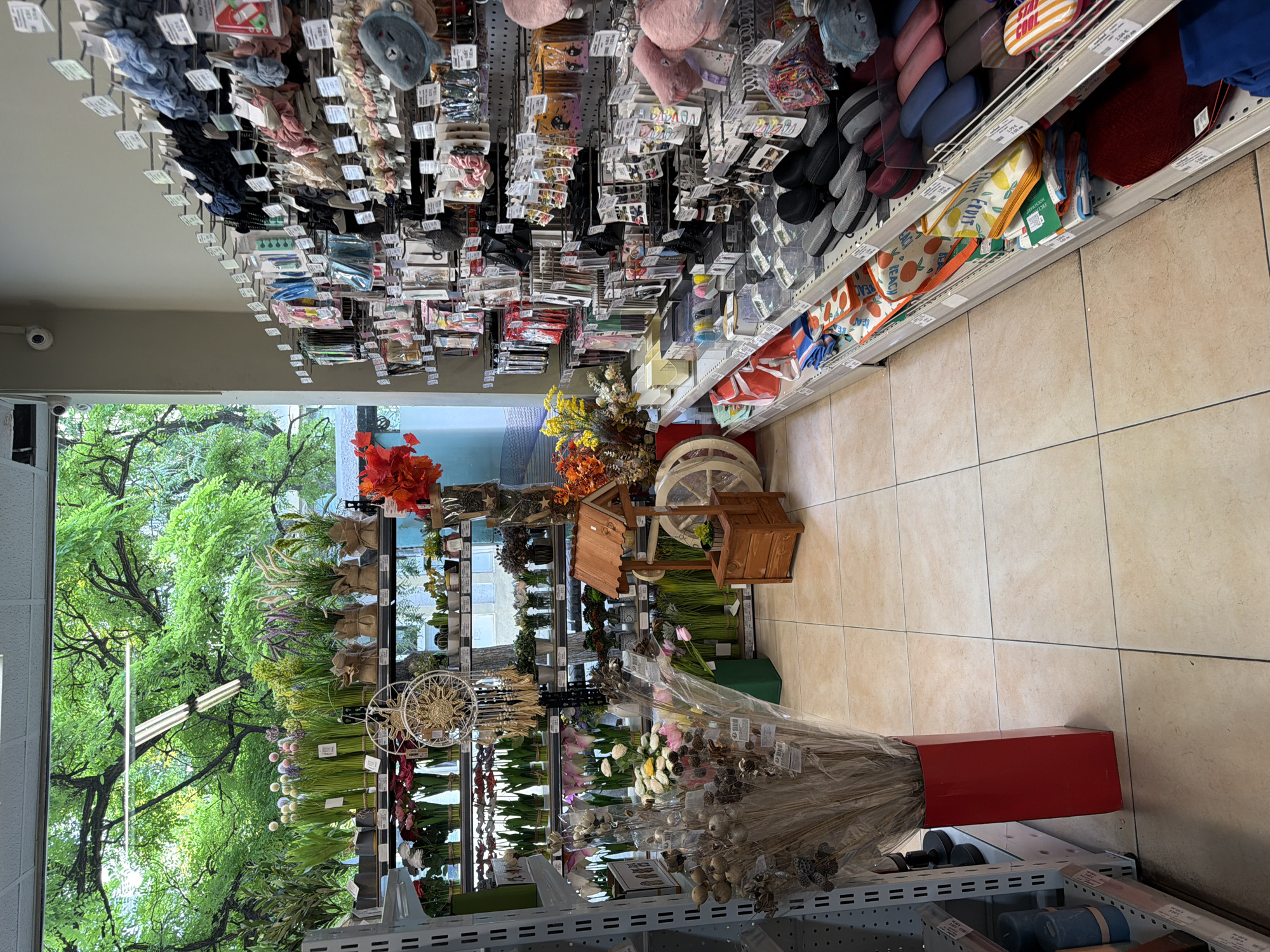 This is an indoor shot of a retail store, possibly a gift or home decor shop, located in Pazardzhik, Bulgaria. The view is angled towards the right, showcasing shelves stocked with various merchandise. To the left, a large window reveals lush green trees and foliage outside, suggesting it's a bright day with ample natural light. The interior features light-colored tiled flooring.
The merchandise on display includes an array of decorative items like artificial flowers in various colors and styles, arranged in pots and vases. There are also racks on the right side of the image filled with smaller items, many of which are packaged, including what appear to be hair accessories, small plush toys, and other trinkets. A wooden decorative well with a small plant and a cart-like wheel is positioned in the middle of the aisle. On the shelves to the lower right, there are items like glasses cases and pouches. A tall red vase containing dried decorative branches is prominently placed on the far left. No people are visible in the image. The overall impression is of a well-stocked store with a focus on decorative and gift items.