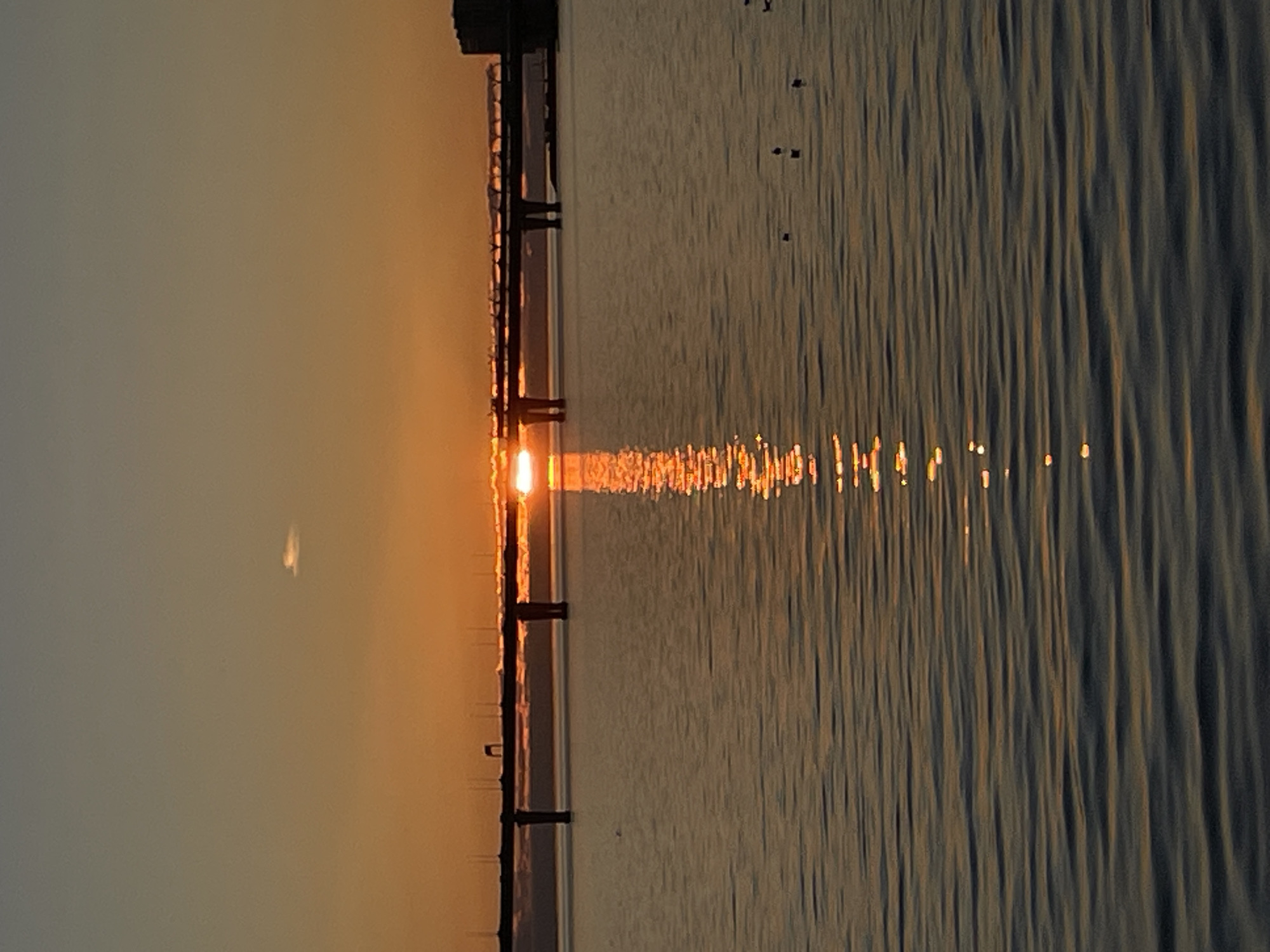 The image depicts a sunset scene over water, likely a bay or the sea, next to a pier. The sun reflects off the water's surface as a bright, shimmering path. The pier is visible as a dark structure with posts extending into the water. The sky is a gradient of light orange to gray, indicating the end of the day. There are some objects in the water that appear to be waterfowl. Without landmarks, it is impossible to confirm the specific location in Saint Petersburg, Russia, but the presence of piers and sunset over water suggests a coastal area or riverfront location in that city.