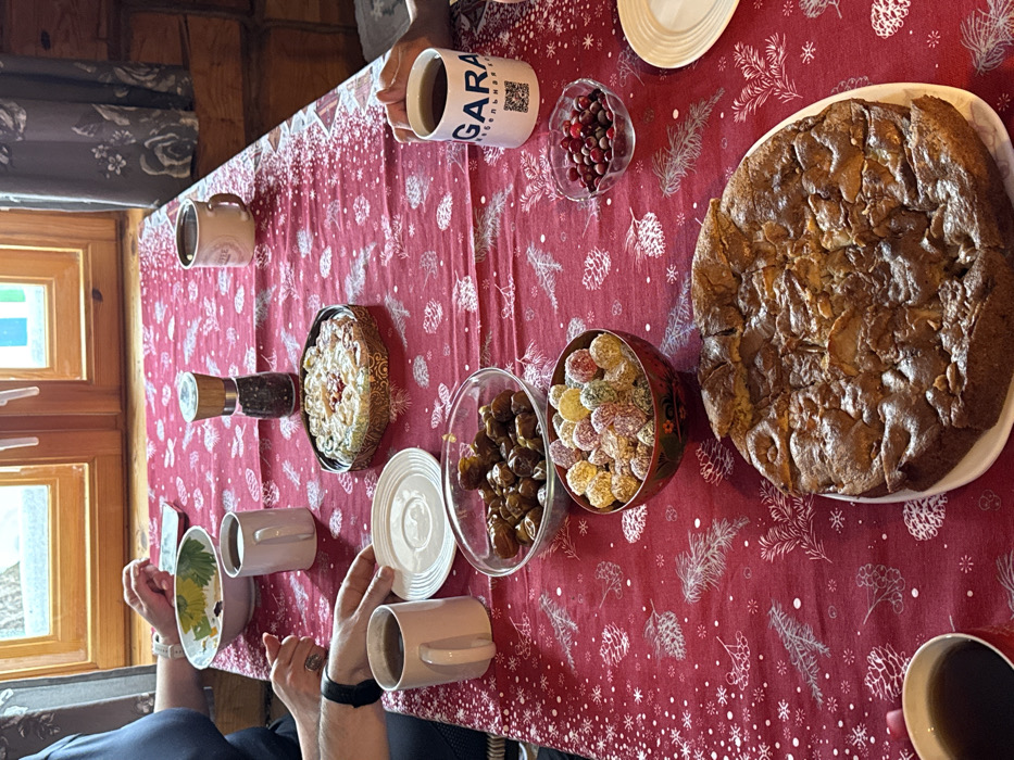 This image depicts an indoor scene at a gathering in Oshutyaly, Russia. The primary focus is a wooden table covered with a red tablecloth patterned with white winter motifs including pinecones, branches, and snowflakes.
Four individuals are partially visible, indicated by hands and forearms positioned around the table. One person wears a blue top; another has a watch on their left wrist.
The table is laden with food and drink. Centrally located is a large, round, baked good, possibly an apple pie or cake, on a white plate, appearing partially consumed or sliced. A smaller, round baked item with a cream or fruit topping is presented in a decorative metal tin with a patterned edge. Other food items include a clear glass bowl filled with dried dates, a traditional wooden bowl containing assorted colorful sugar-coated candies, and a small clear glass bowl of red cranberries. A white bowl with remnants of a previous dish, possibly a salad, is also present.
Drinkware includes multiple ceramic mugs. Two white mugs contain dark liquid; one displays the text "GARA" with Cyrillic characters "БОЛЬНИЦА" below it and a QR code. Another mug is a light beige/brown. A red ceramic mug is partially visible in the lower left. A white saucer is positioned near one of the white mugs.
Additional objects on the table include a pepper grinder with a wooden top and clear body, and a smartphone partially visible near the white bowl. The background features a wooden wall and a window providing natural light.