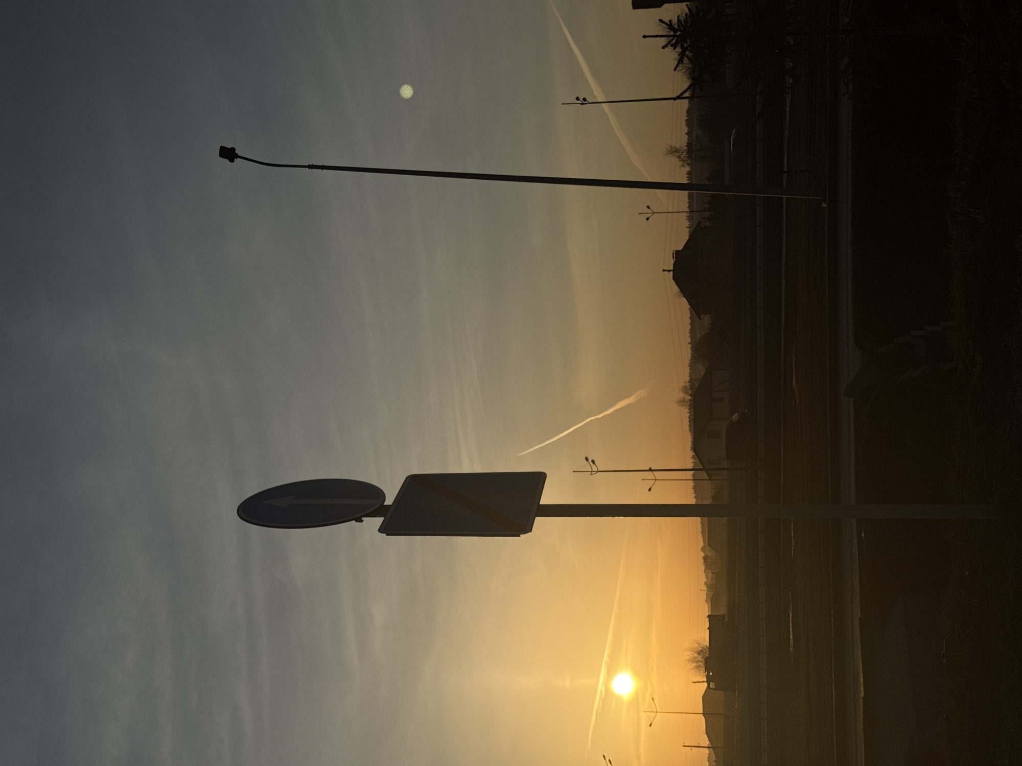 The image depicts a sunset scene in Bolshoye Savino, Russia. A road sign with a blue arrow and a yellow striped sign stands in the foreground. A street lamp extends towards the sky. In the background, buildings, trees, and other street lights are visible in silhouette against the orange and yellow glow of the setting sun. Contrails from airplanes cut across the sky. A pale, round celestial body, likely the moon, is also present in the sky. The image is rotated 90 degrees.