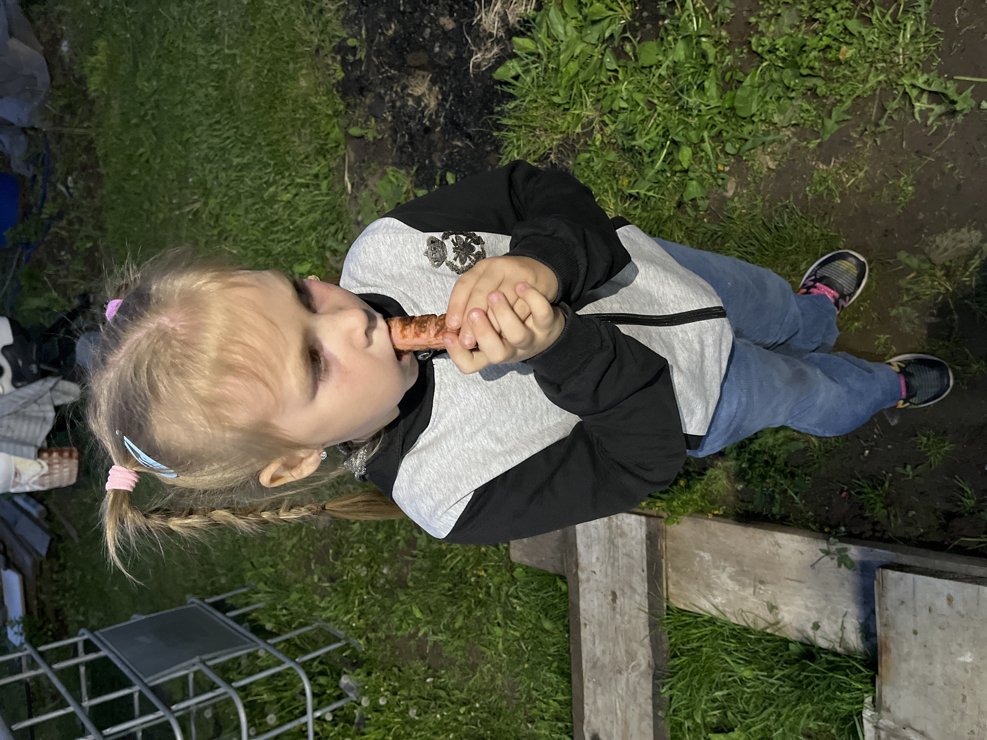 A young, light-skinned child with blonde hair in pigtails is eating a sausage outdoors. The child is wearing blue jeans and a black and gray jacket. The environment includes grass, dirt, and wooden planks. Some items such as a metal chair can also be seen. There is also some charred substance. The location is likely in Chaikovsky, Russia, but there is no information to confirm it.