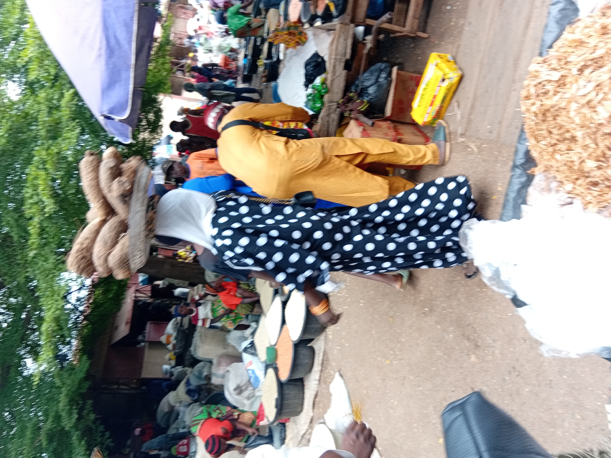 The image depicts a bustling outdoor market scene in Lokoja, Nigeria, likely in an area with trees and stalls. A woman in a black and white polka dot dress is carrying a large basket of yams on her head. To her right, a person in a bright yellow traditional outfit is bent over, possibly interacting with goods at a stall. Several market stalls are visible, some displaying sacks and baskets filled with various grains and food items like lentils and rice. A purple umbrella provides shade for a section of the market. In the background, other people are seen browsing or working, contributing to the lively atmosphere of the marketplace. The ground is dusty, indicating an unpaved area common in many Nigerian markets.