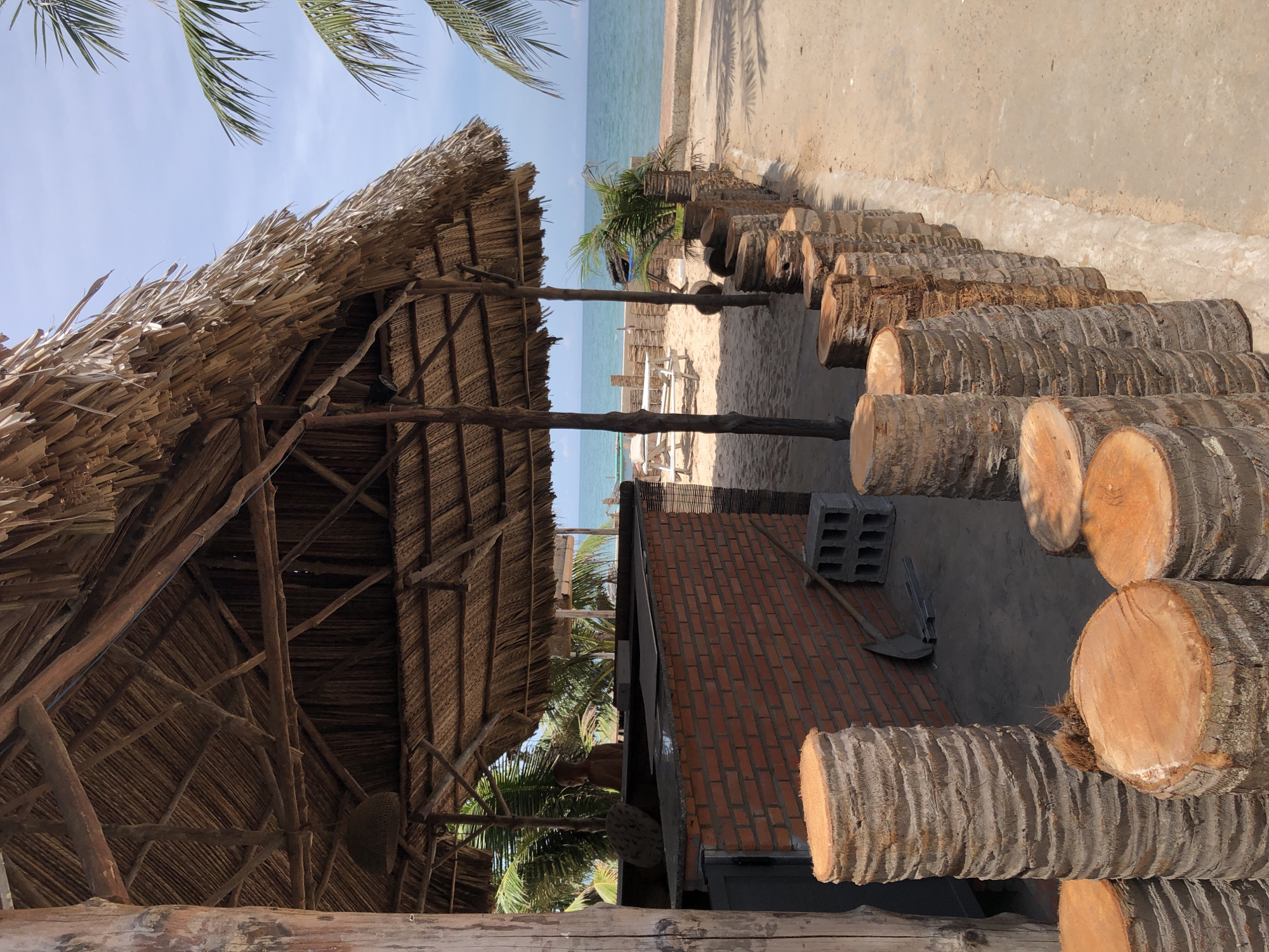 The image depicts an outdoor setting by the sea, likely a beachfront establishment in Mũi Né, Vietnam. In the foreground, a row of sawn-off palm tree trunks, acting as a decorative border, lines a sandy pathway. Beyond this, a thatched-roof structure, supported by wooden posts, provides shade over a brick counter and a seating area with picnic tables. A person, partially visible, stands behind the counter. The background features a calm, turquoise ocean stretching to the horizon under a clear blue sky, with palm trees framing the scene. The overall impression is that of a casual, tropical resort or beach bar.