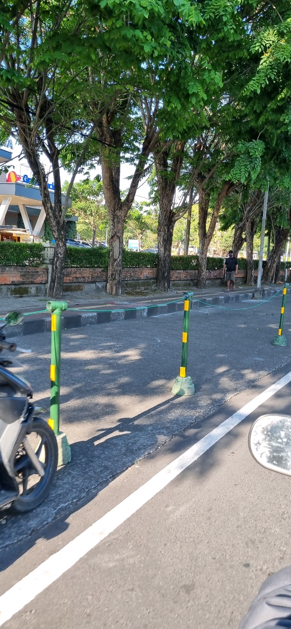 The image captures a street scene in Denpasar, Indonesia, likely near a commercial area based on the building visible on the left. The perspective is from a motorcycle. The foreground shows the front wheel and part of the body of a motorcycle, along with a white lane divider on the asphalt road.
Several green bollards with yellow reflective bands are spaced along the edge of the road, delineating a pedestrian walkway or parking area. Behind these bollards is a sidewalk and a low wall constructed of brick. A line of trees with lush green foliage runs along the sidewalk, providing shade. One tree on the right has a street lamp behind it.
In the background, a person is standing on the sidewalk, facing away from the camera. They are wearing a dark t-shirt and shorts. Beyond the trees, the facade of a building with a distinctive white awning and a large blue sign with yellow and red circular graphics is visible. Further back, cars are parked. The sky is clear and bright blue, indicating it is daytime. The overall impression is of a well-maintained urban environment with ample greenery.