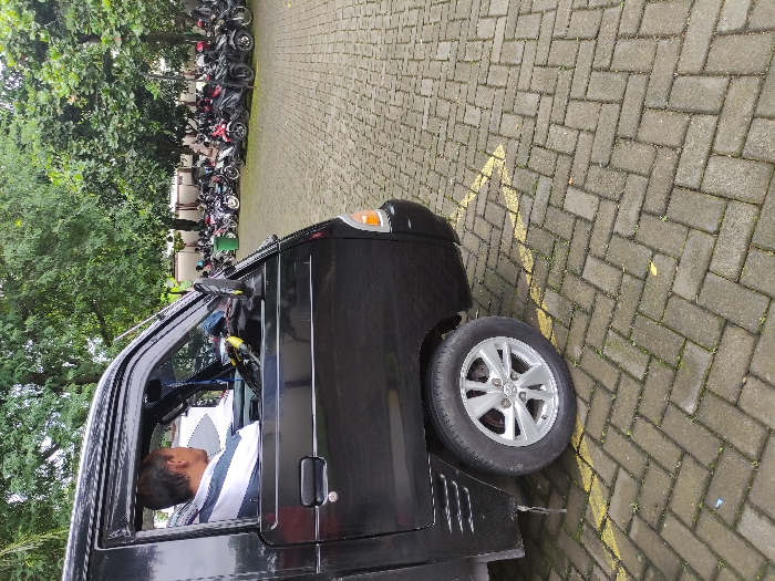 The rotated image captures a black compact utility pickup truck parked on an interlocking brick paved surface in Kepanjen, Indonesia. A man is seated in the driver's seat, looking towards the right side of the frame. He has short dark hair and is wearing a white and blue striped polo shirt. His left arm rests on the open window frame.
The truck features silver five-spoke alloy wheels, a black side mirror on the driver's door, and a long antenna extending from the front passenger side of the cab. On the paved ground, a faded yellow painted line, possibly a parking indicator, is visible near the truck's front wheel.
In the background, a long line of various motorcycles is densely parked. Beyond the parked motorcycles, lush green trees with abundant foliage create a natural backdrop. The scene appears to be taking place during the daytime, possibly under an overcast sky or during the softer light of early morning or late afternoon, as evident from the diffused lighting and lack of strong shadows. Small patches of green vegetation can be seen growing between the bricks of the pavement. There is no discernible text visible in the image.