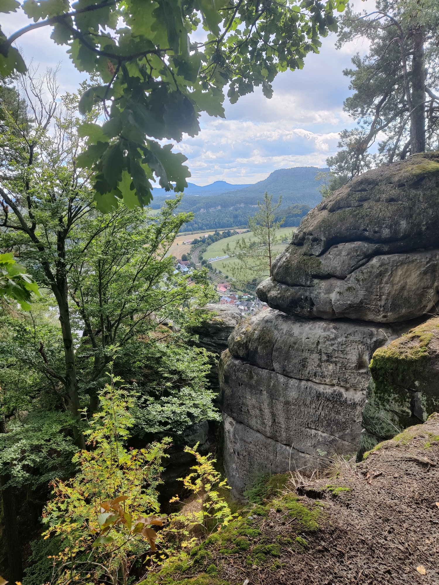 This is a landscape photograph taken from a high vantage point, overlooking a valley in Lohmen, Germany. The foreground is dominated by large, moss-covered rock formations and lush green foliage. Large oak leaves are visible in the upper left corner, framing the scene.
Below, the valley unfolds with a winding road, a railway track, and scattered buildings of a small town. The landscape extends into the distance with rolling, tree-covered hills and mountains under a cloudy sky. The lighting suggests it is daytime, possibly late afternoon, with the sun casting shadows and highlighting certain areas. The overall impression is one of a natural, scenic overlook within the Saxon Switzerland National Park region, known for its sandstone formations.