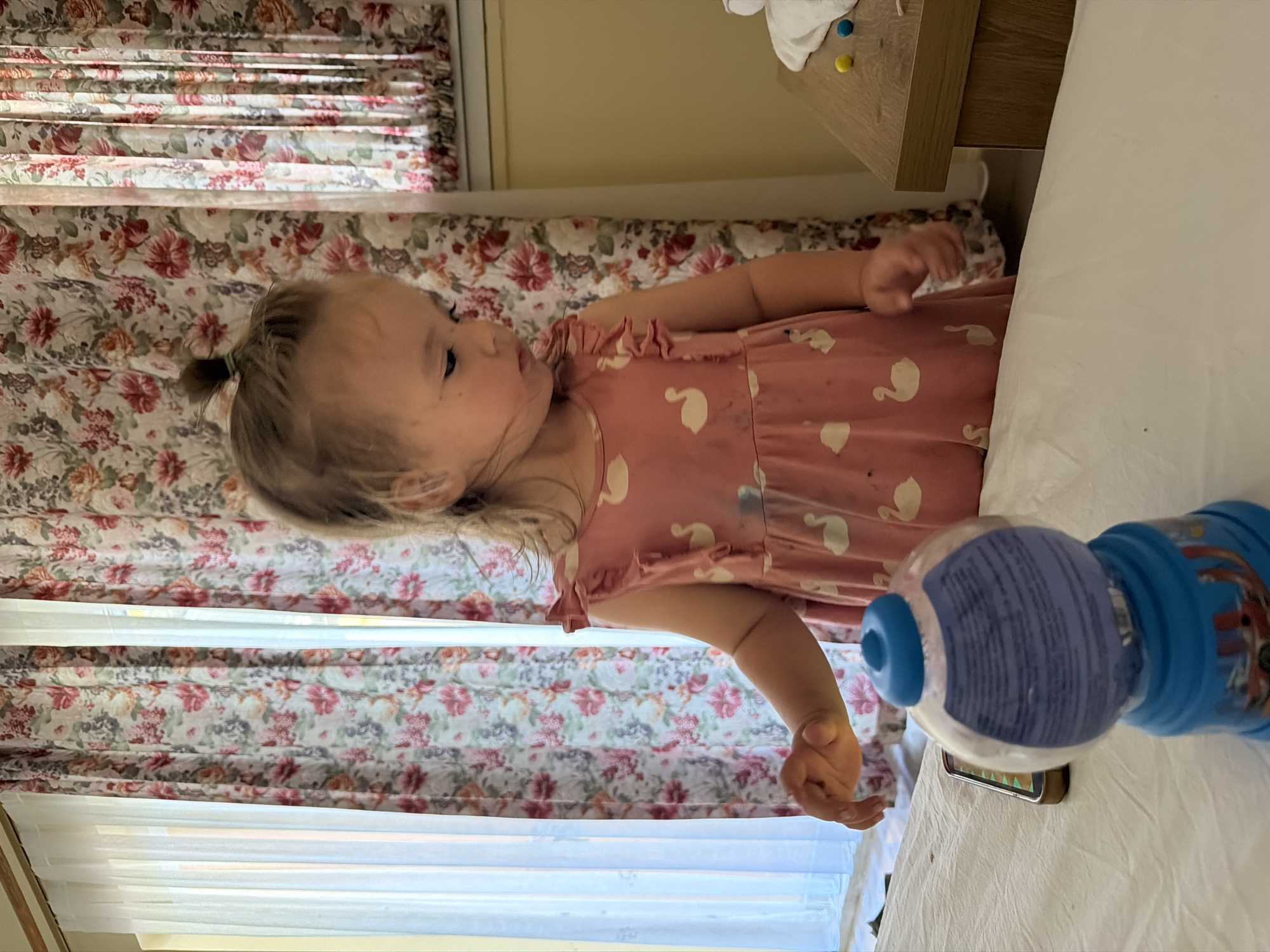 A young girl, approximately two years old, stands in a room, looking down and to her right. She has light brown hair pulled into a small bun on top of her head. She is wearing a pink sleeveless dress with a ruffled neckline and trim, adorned with a repeating pattern of white swans. Her left arm is extended slightly forward, with her hand open. In the foreground, to the left, is a blue and clear plastic gumball machine, partially obscuring a smartphone lying on a white surface, likely a bed. Behind the girl, a window is covered by two layers of curtains: sheer white curtains on the left, and floral curtains with pink, red, and green patterns on the right. The background also shows a portion of a wooden dresser or table on the right, with a white cloth, a blue ball, and a yellow ball on its surface. The overall impression is of a domestic setting, possibly a hotel room. The presence of a gumball machine and a smartphone suggests a child's playtime or entertainment. The lighting suggests it is daytime, with natural light coming from the window. There is no information that can place this image in Fethiye, Turkey.