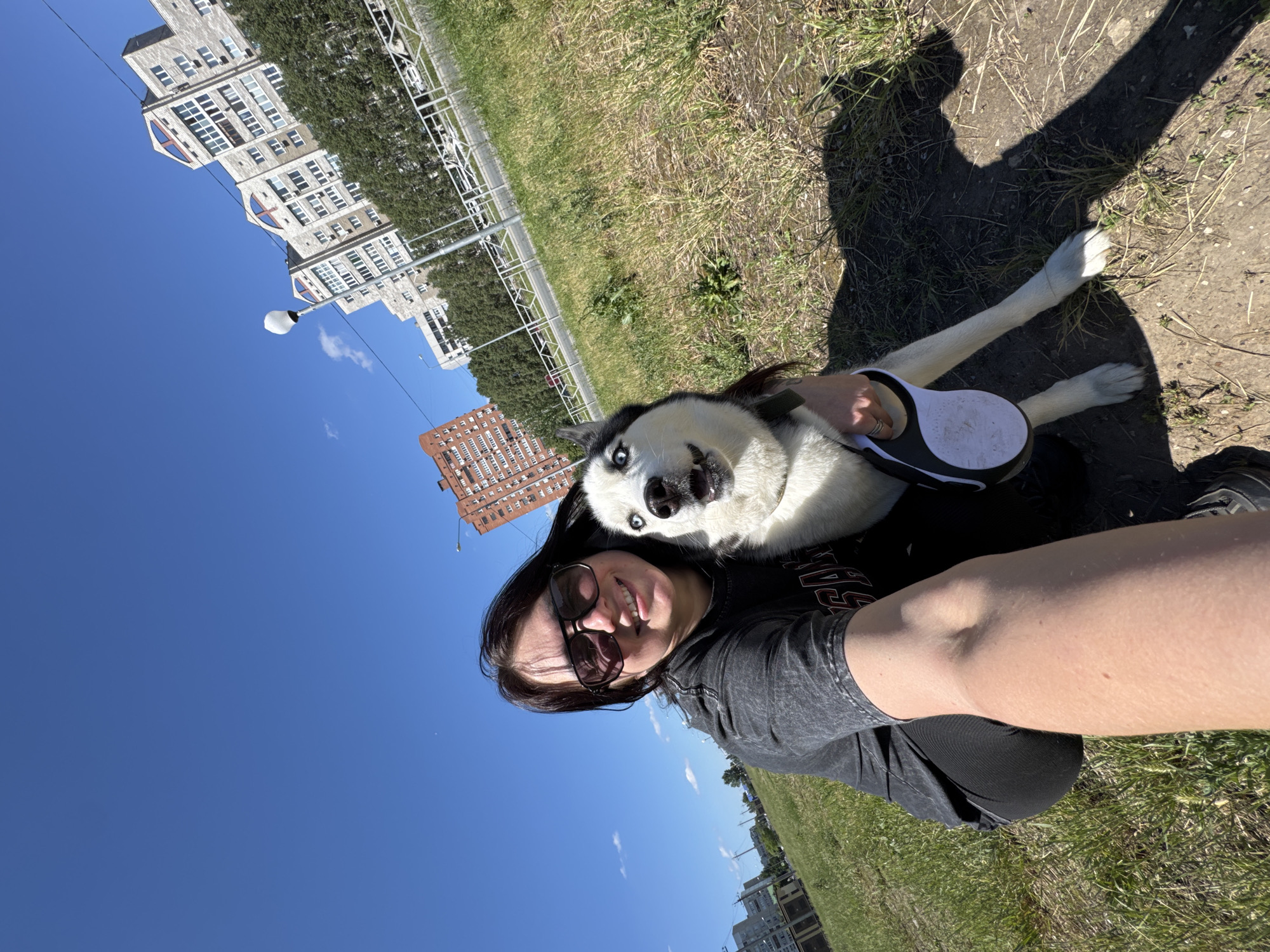 A bright outdoor selfie captures a woman and her husky dog in what appears to be an urban park or green space. The woman, with dark hair and sunglasses, smiles at the camera while holding a white and black retractable dog leash. She is wearing a black t-shirt with the partial white text "SA" visible. Next to her, a black and white husky with striking blue eyes looks directly at the camera with an open-mouthed, happy expression, wearing a dark harness.
The setting is a grassy and dusty area with patches of dry grass. In the midground, a white metal fence runs alongside a paved path or road, backed by a line of green foliage. Several multi-story buildings are visible in the background against a clear, vibrant blue sky with a few wispy clouds. One prominent building is light-colored, while another is reddish-brown.
The strong, defined shadows of the woman and the dog are cast on the ground, indicating bright sunshine and likely midday or early afternoon. The overall mood of the image is cheerful and relaxed, reflecting the sunny weather and the happy expressions of the woman and her canine companion.