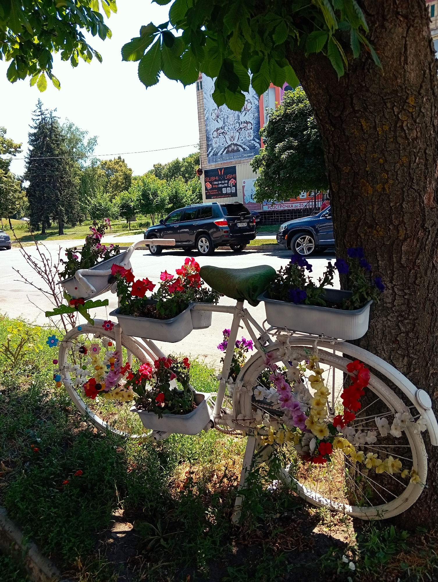 A white bicycle decorated with flower planters is leaning against a tree on a sunny day. The bicycle has several planters filled with red, pink, yellow, and purple flowers. Artificial flowers and ladybug decorations are attached to the spokes of the rear wheel. The bicycle is positioned on a grassy area next to a sidewalk and a street. In the background, there are cars, trees, and a building with advertisements. The scene appears to be in an urban outdoor setting.