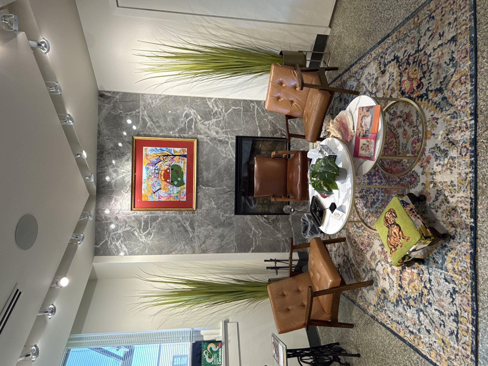 This image showcases a well-appointed and inviting indoor lounge or waiting area, likely within a commercial establishment in Vancouver, Canada. The central feature of the room is a modern fireplace set into a wall clad with elegant grey marble or marble-patterned tile. Above the fireplace hangs a vibrant, framed artwork with a red border, depicting abstract colorful shapes, possibly a stylized tree and a red car.
The seating arrangement comprises three comfortable light brown, leather-like upholstered armchairs with wooden frames, positioned around two elegant round white marble-topped side tables with gold-toned metal bases. These tables are adorned with a large pink seashell, a small potted green plant, books or magazines, and other small decorative items. A distinctive square decorative pillow featuring a brown dog illustration on a green background rests on the floor near one of the chairs.
The floor is covered by a large, ornate area rug displaying intricate patterns in shades of blue, yellow, red, and cream. Two tall, slender artificial green plants in dark pots flank the fireplace, enhancing the room's aesthetic. The ceiling features modern track lighting with multiple spotlights, providing ample illumination, alongside a visible ceiling speaker and an air vent. A window with horizontal blinds in the lower left corner offers a glimpse of daylight outside. On a lower shelf or table near the window, a book titled "Cannabis" is clearly visible, offering a potential specific location cue. The overall ambiance of the room is calm, contemporary, and professional, designed for comfort and relaxation.