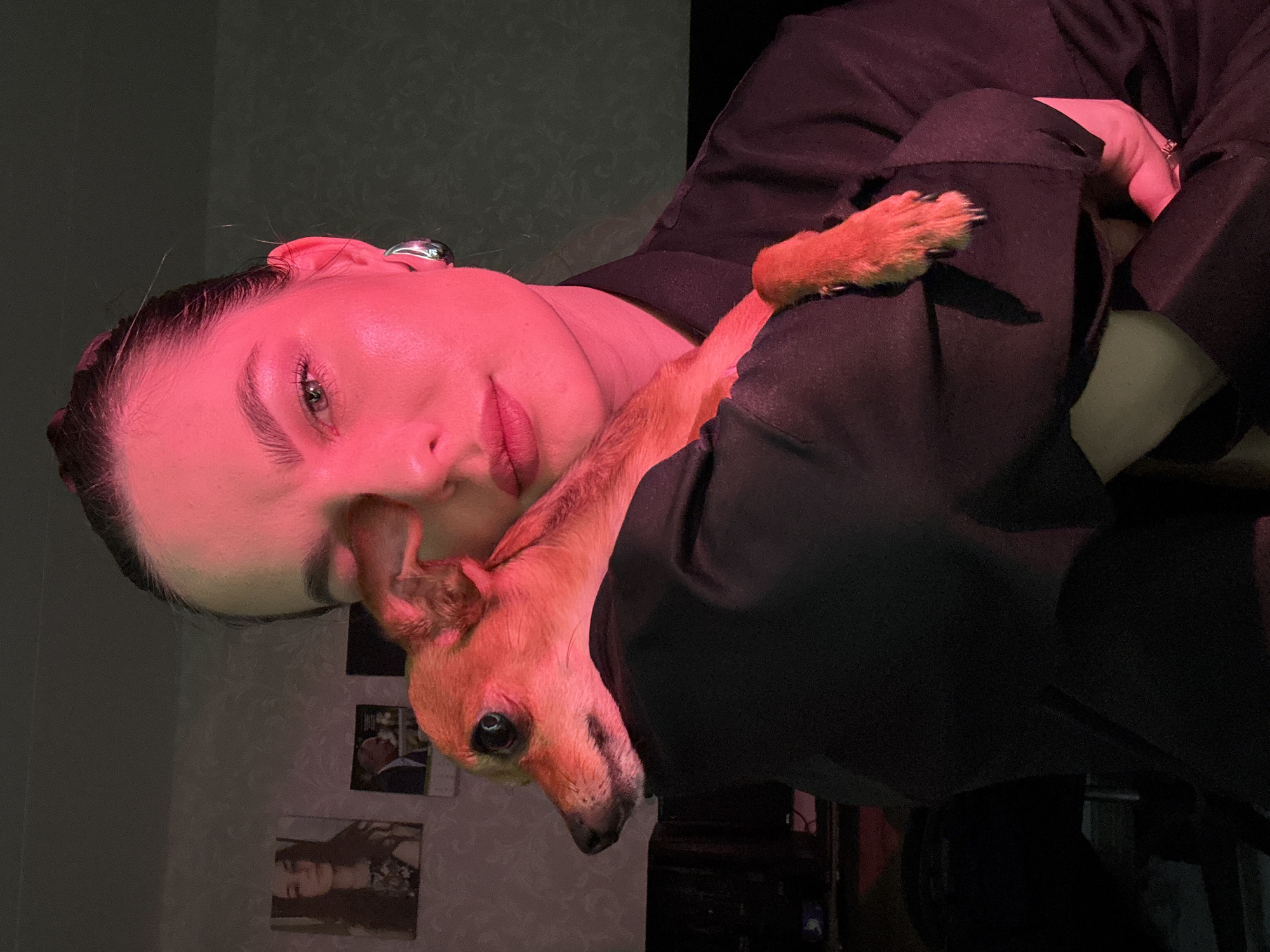 A close-up, low-angle indoor selfie shows a woman holding a small, tan dog. The woman's face is partially obscured by the dog, which is resting on her shoulder and chest. Red lighting illuminates the scene. The woman has dark hair pulled back and is wearing a dark collared shirt and a silver hoop earring. The dog has dark eyes and ears that are perked up. In the background, several framed pictures are visible on the wall, including one of a woman and another of a man in a suit. A dark surface, possibly a desk or shelf, is visible to the left. The scene appears to be in a residential setting. The city of Chaikovsky, Russia is not discernible from the image.