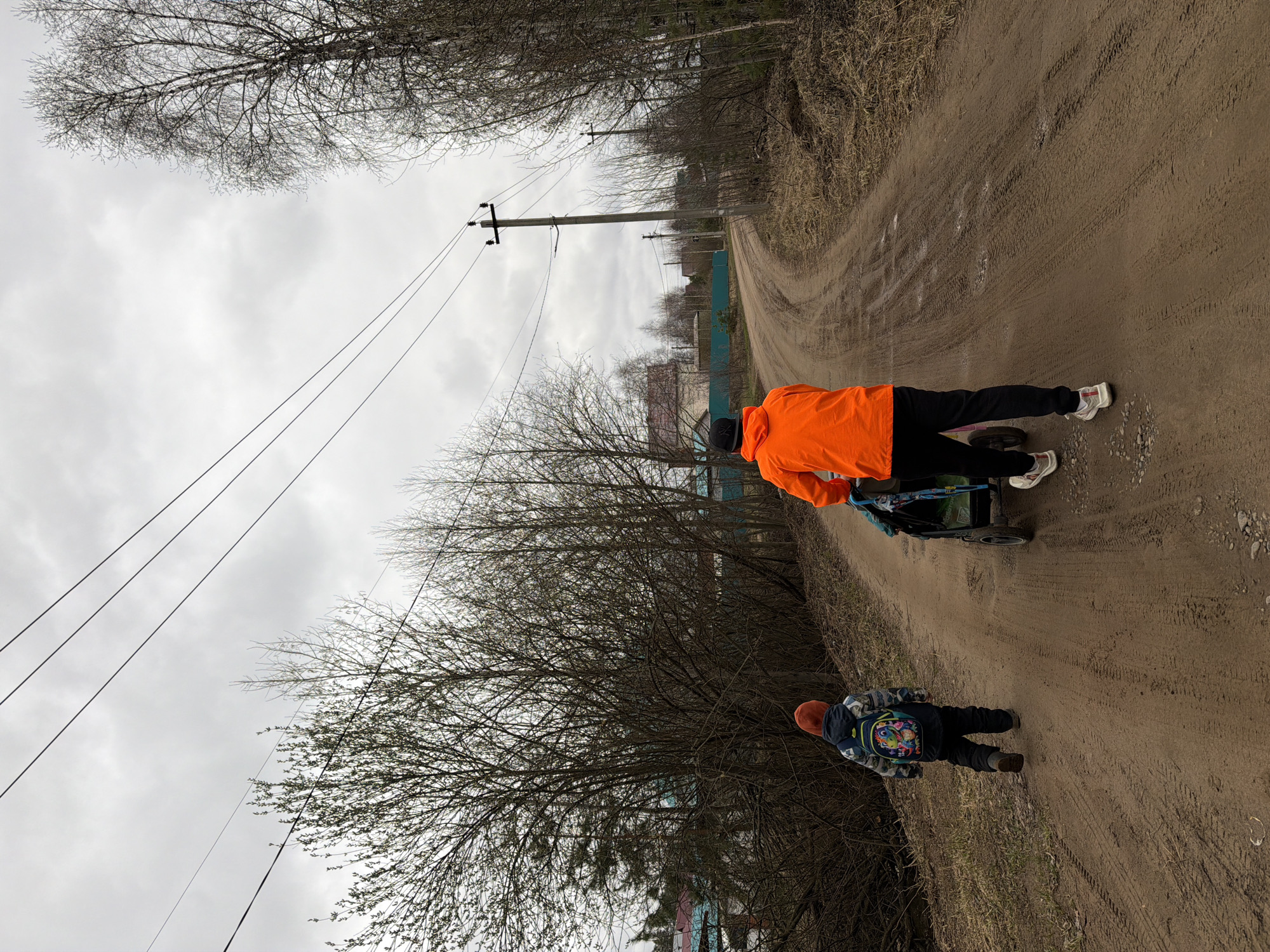 The image depicts a rural or semi-rural scene along a dirt road under an overcast sky. Two individuals, an adult and a child, are walking away from the viewer along the road.
The adult, in the foreground, is wearing a bright orange hooded jacket, black pants, and white sneakers, and is pushing a dark-colored stroller or cart with two visible wheels. To their left, a smaller child walks slightly ahead. The child is wearing a patterned blue and grey hooded jacket, dark pants, a bright orange or red beanie, and a colorful backpack with visible cartoon-like characters or designs.
The road is unpaved, made of packed dirt, and shows tire tracks, indicating vehicle use. On both sides of the road, there are numerous trees with bare branches, suggesting late winter or early spring. Power lines run horizontally across the top left of the frame, leading to power poles visible further down the road on the right. In the distance, through the sparse trees, faint outlines of houses or buildings and fences, including a light blue one, can be seen. The sky is entirely covered with grey clouds, indicating an overcast day.
The activity taking place is a leisurely walk along the dirt road, possibly a daily commute or an outing. There is no visible text in the image. The bare trees and muted colors suggest a cool temperature, consistent with the given location context of Chaikovsky, Russia, during a transitional season like early spring.