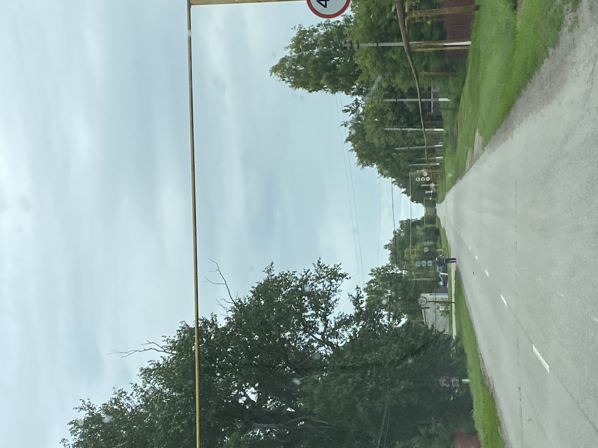 This image shows a straight, paved road leading into the distance, presumably in or near the city of Nadezhdino, Russia. The road is bordered by lush green trees and grass on both sides. A yellow horizontal bar stretches across the frame, possibly part of a gate or overhead structure. In the distance, a few buildings and utility poles are visible. A speed limit sign showing "40" is present on the right side of the road. A single person is walking on the right side of the road. The sky is overcast with a cloudy, light gray hue.