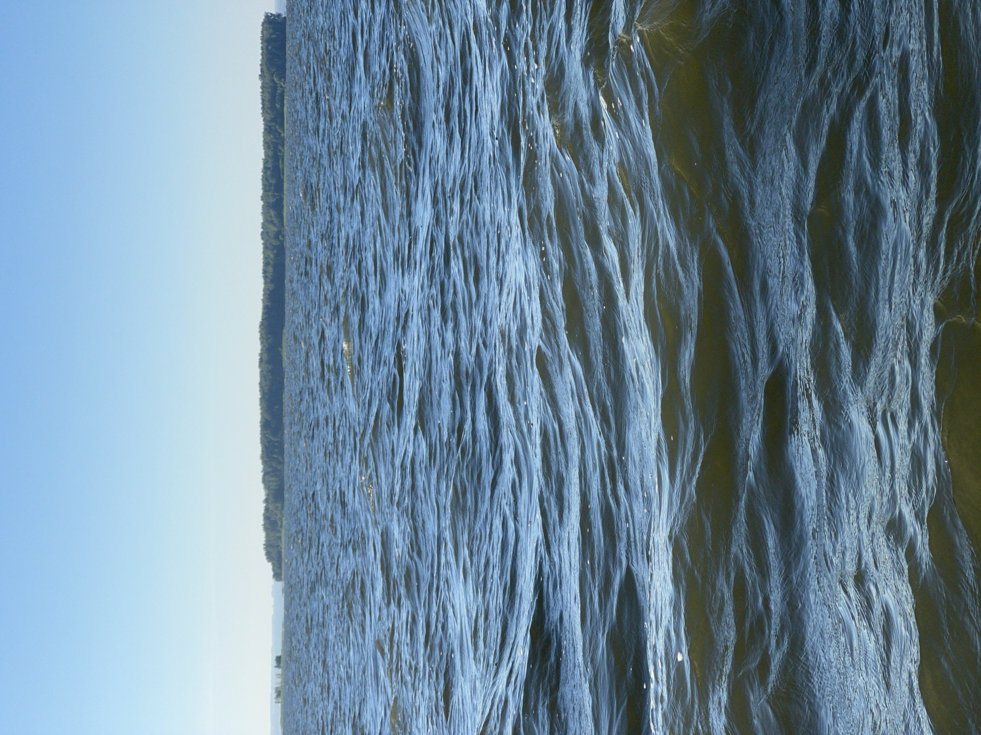 The image depicts a wide, choppy body of water under a clear blue sky. In the distance, a long, low-lying island or peninsula covered in dense green trees stretches horizontally across the frame. The water in the foreground is a deep blue-green, with small whitecaps and ripples indicating movement. The sun is likely high in the sky, as there are no strong shadows. The scene conveys a sense of natural expanse and tranquility. The location is identified as Novopichugovo, Russia, which is a settlement located on the shore of the Yenisei River.