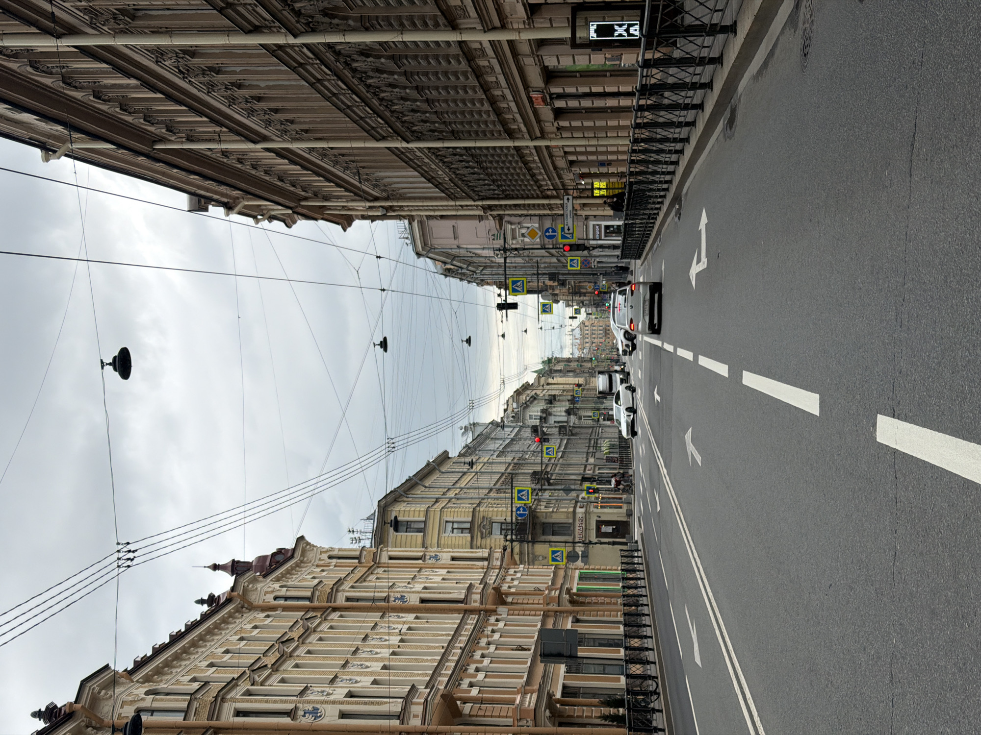 This image captures a street view in Saint Petersburg, Russia. The street is marked with white lane dividers and direction arrows. Buildings with ornate facades line both sides of the street, exhibiting classical Russian architecture. Overhead, a network of electrical wires stretches across the sky. Cars are present on the road. Traffic lights and pedestrian crossing signs are visible. The sky is overcast.