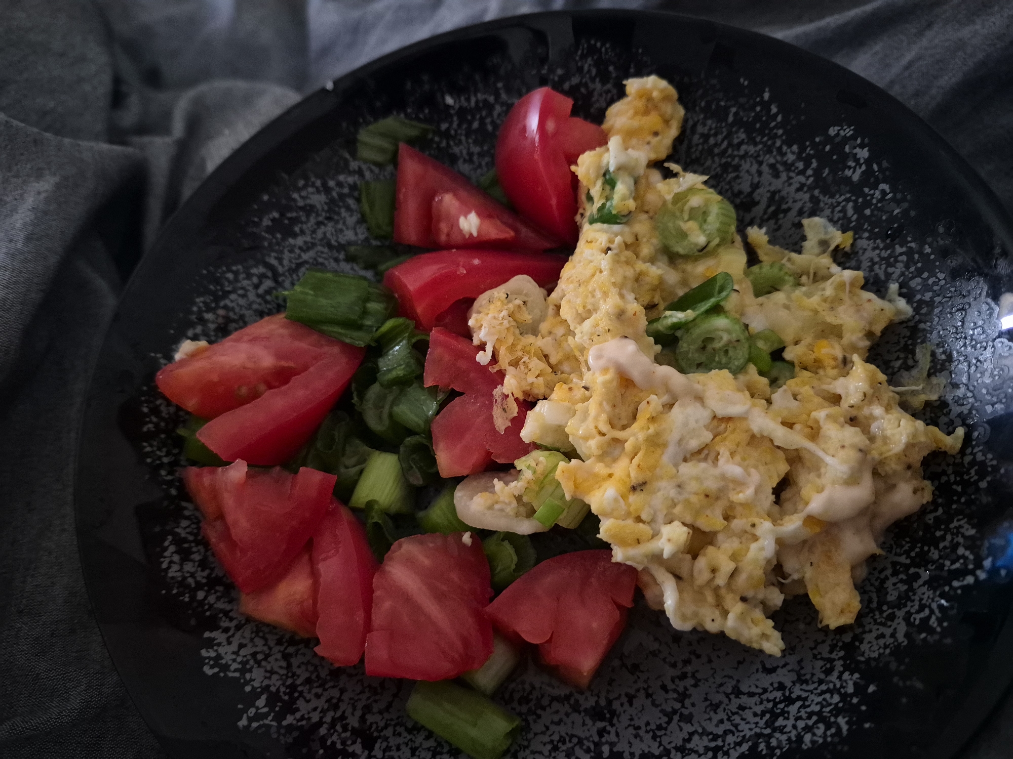 A close-up, high-angle shot presents a meal served on a dark, speckled plate, possibly ceramic or stoneware, which rests on a rumpled dark grey fabric. The plate features a mottled white and grey pattern on its black surface.
The meal consists primarily of scrambled eggs, fresh red tomatoes, and green onions. On the right side of the plate, a portion of fluffy, light yellow and white scrambled eggs is visible. Small pieces of green, likely chopped green onions, are mixed into the eggs, along with a creamy, light-colored sauce or dressing that is drizzled over some of the egg pieces.
To the left of the eggs, a vibrant arrangement of chopped fresh ingredients is displayed. Several pieces of bright red tomatoes, cut into irregular wedges, are nestled among numerous sections of chopped green onions. The green onions are sliced into small, circular or diagonal pieces, adding a fresh green element to the plate.
The background, a soft, out-of-focus dark grey fabric, suggests a casual indoor setting, possibly a bed or a relaxed dining area. The lighting appears soft and even, highlighting the textures and colors of the food. No visible text is present in the image. The overall impression is that of a simple yet appetizing and wholesome meal, likely breakfast or brunch.