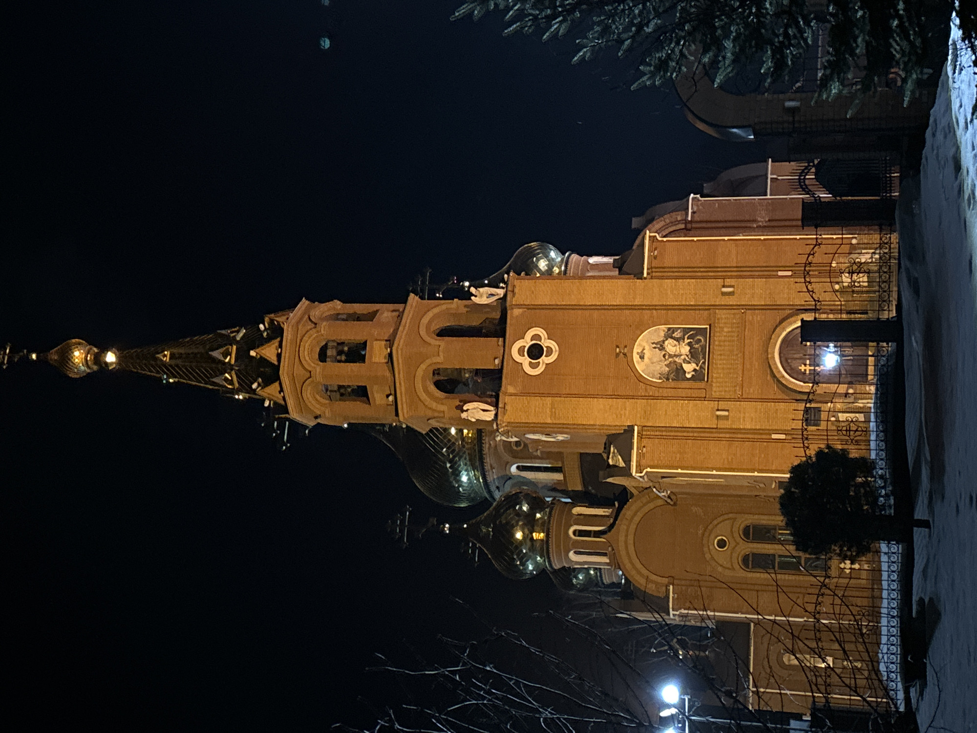 A photograph taken at night depicts the Holy Great Martyr George Victory-Bearer Church in Chaikovsky, Russia. The church's illuminated brick facade is visible against the dark sky. It features traditional Russian Orthodox architectural elements, including a tall, pointed spire and multiple golden domes. A decorative painting adorns the front of the building. Bare tree branches are visible at the bottom left, and a conifer tree stands to the right of the building, partially obscured by a metal fence. Streetlights provide illumination near the base of the church. The environment is dark, likely indicating a nighttime setting.