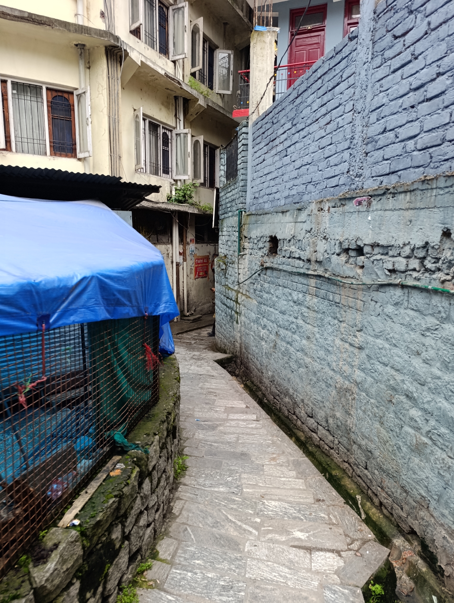 The image depicts a narrow, paved alleyway in Manali, India. On the left, a two-story building with cream-colored walls and numerous open windows with barred frames is visible. A blue tarp covers a structure with a wire mesh fence in the foreground. On the right, a rough, light blue brick wall extends along the alley. The ground is paved with light gray stone slabs, worn and slightly uneven. In the background, the alleyway recedes and curves to the left. The overall scene suggests a residential or commercial area, possibly a side street or a less-trafficked path. The environment appears somewhat weathered, with some moss and vegetation growing along the stone structures.