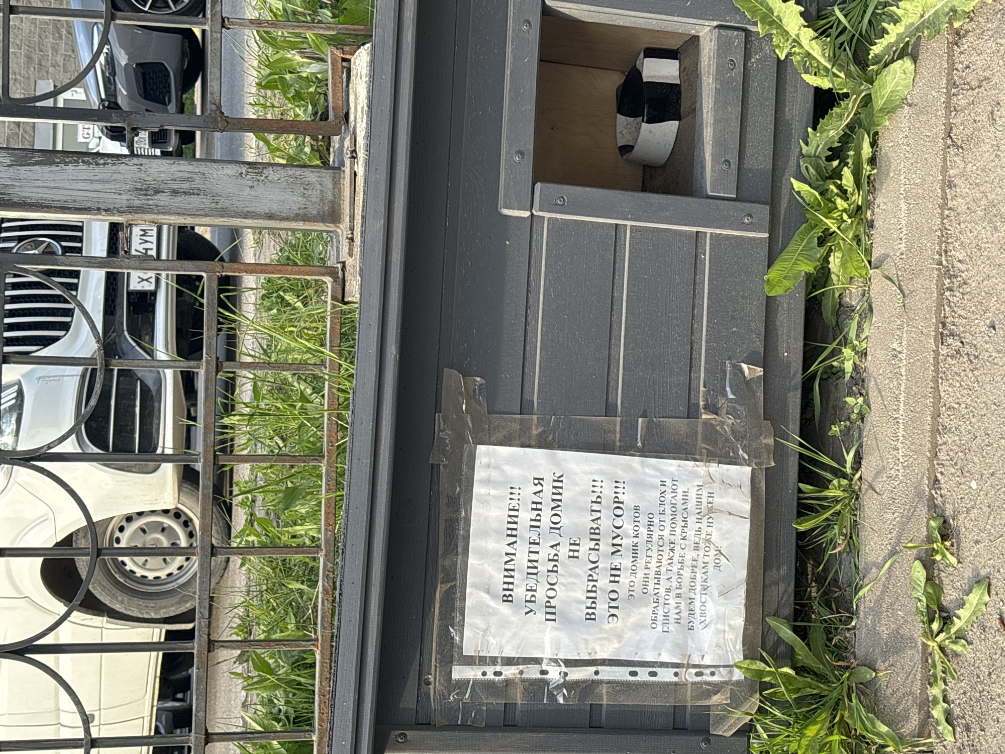 The image shows a cat house, possibly located in Saint Petersburg, Russia, judging by the Cyrillic script on the sign. The cat house is dark grey and has a small opening. A sign is affixed to the front, written in Russian, warning people not to throw the cat house away and clarifying that it is not trash. The sign states that the house is regularly treated for fleas and worms, and the cats help control rats. A black and white striped object is visible inside the cat house through the opening. The cat house sits on concrete near grass and weeds. A black metal fence and a vehicle are partially visible in the background.