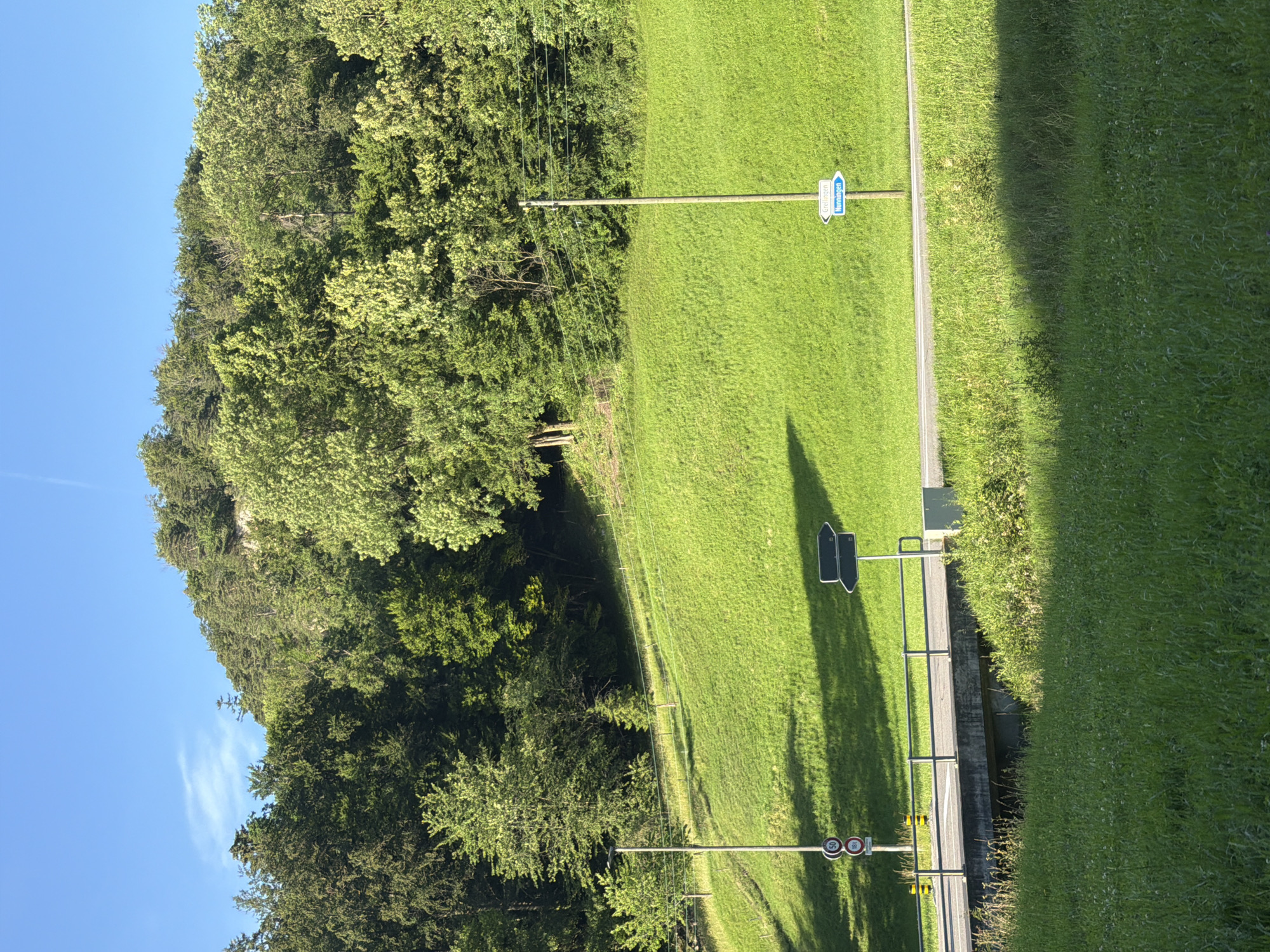 The image depicts a rural landscape under a clear blue sky. In the foreground, lush green grass and vegetation are visible, with dappled sunlight creating shadows. A concrete bridge crosses a small waterway, and a road runs parallel to it. On the left side of the road, a traffic pole displays two circular signs, one indicating "50" and another "18t". Further down the road, another traffic pole supports two directional signs, one pointing left with "Grellingen" and the other pointing right with "Nunningen".
The midground features a gently sloping, vibrant green hillside covered in short grass. A few trees are scattered across the slope. In the background, a dense forest covers a hill, with the sunlight illuminating the tops of the trees. The overall impression is one of a peaceful, natural setting, likely in a region with rolling hills and forests. The presence of road signs suggests this is a publicly accessible area, possibly a road leading through the countryside.