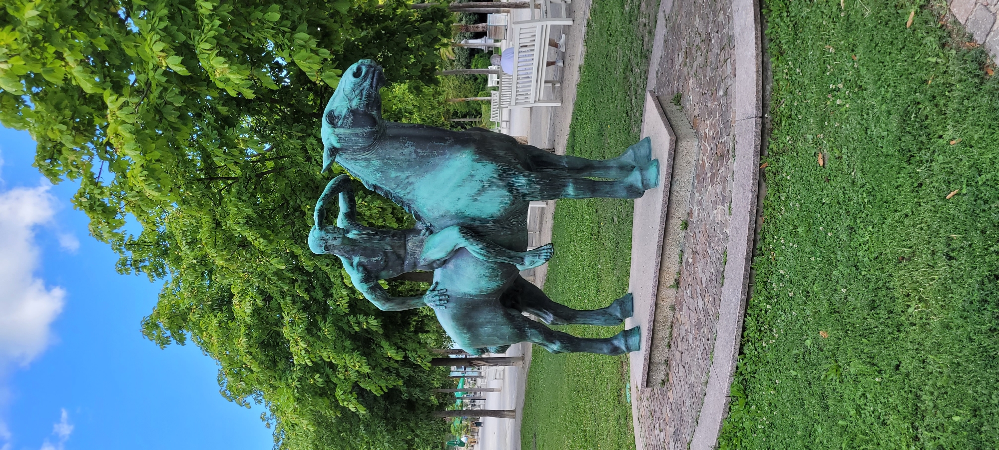 The image depicts a bronze sculpture of a man riding a horse in a park setting. The sculpture is weathered, showing a green patina. The man is seated on the horse, with one arm raised to shield his eyes as if looking into the distance. The horse is depicted in motion, with its head turned slightly.

The sculpture is positioned on a circular stone base, which is surrounded by a cobblestone pathway. Beyond the statue, a grassy area is visible, interspersed with trees that have dense green foliage. Several white park benches are placed in the background, with a person sitting on one of them, facing away from the camera. The sky above is blue with scattered white clouds.

This sculpture is located in Kurpark Baden, Baden, Austria. Specifically, it is the "Pferdebändiger" (Horse Tamer) sculpture by Austrian sculptor Rudolf Weyr, created in 1905.