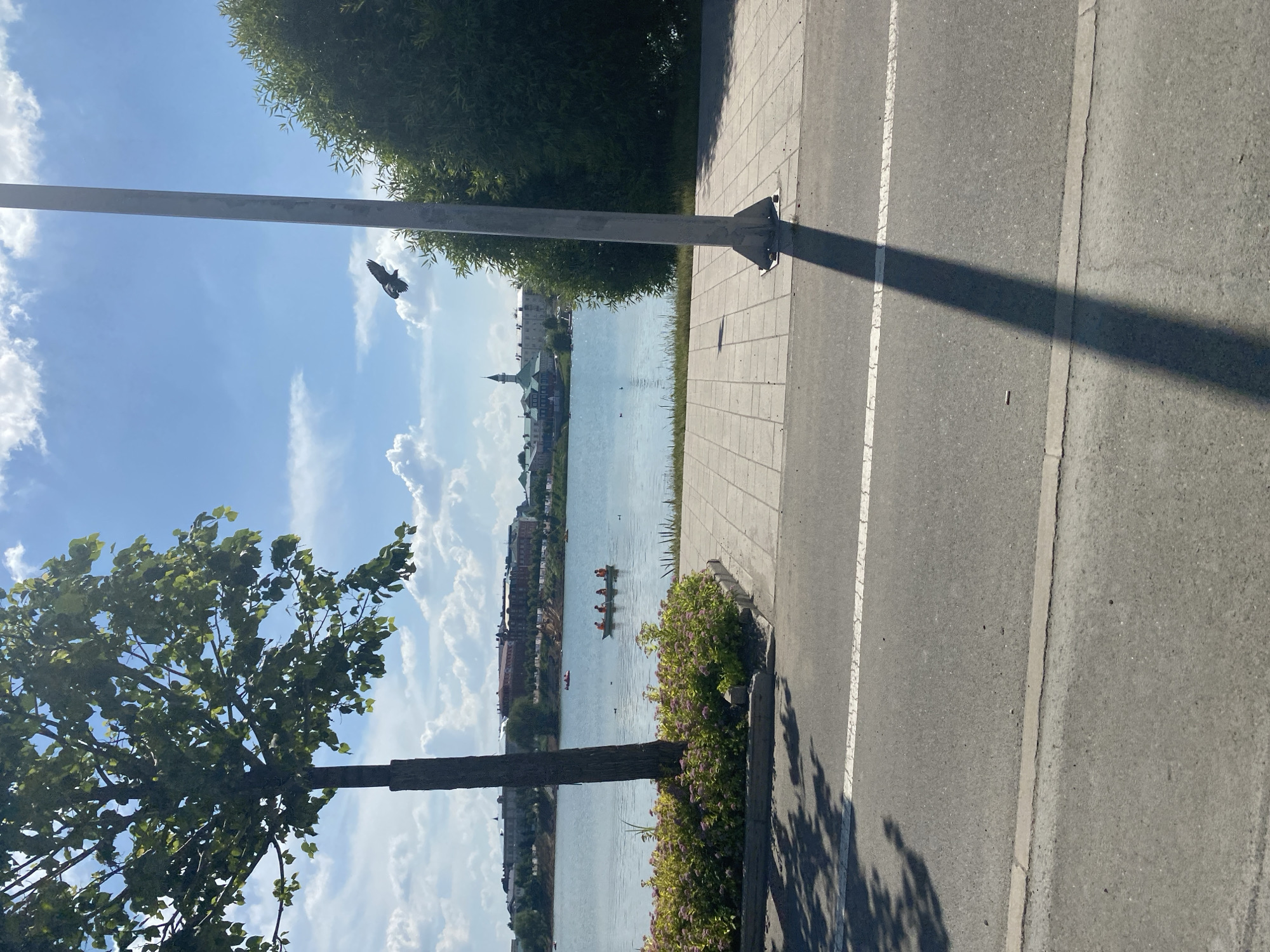 The image depicts a scene at a waterfront in Kazan, Russia, likely during the daytime with clear skies and scattered clouds. In the foreground, a paved road with a white line is visible, transitioning to a sidewalk with a tiled pattern. A lamppost stands on the sidewalk, casting a long shadow. To the left, a young tree with green leaves is planted next to a flowerbed with pinkish-purple blooms.
Beyond the sidewalk and flowerbed lies a body of water, likely a lake or river. On the water, a small boat with four people wearing orange life vests is visible, suggesting recreational activity. Further in the background, across the water, a cityscape is discernible, featuring buildings with red roofs and architectural elements characteristic of Kazan, including a distinctive domed structure. To the right of the water, a dense green tree provides a backdrop. In the sky, a bird is captured in flight. The overall impression is a pleasant, sunny day at a recreational area within the city.