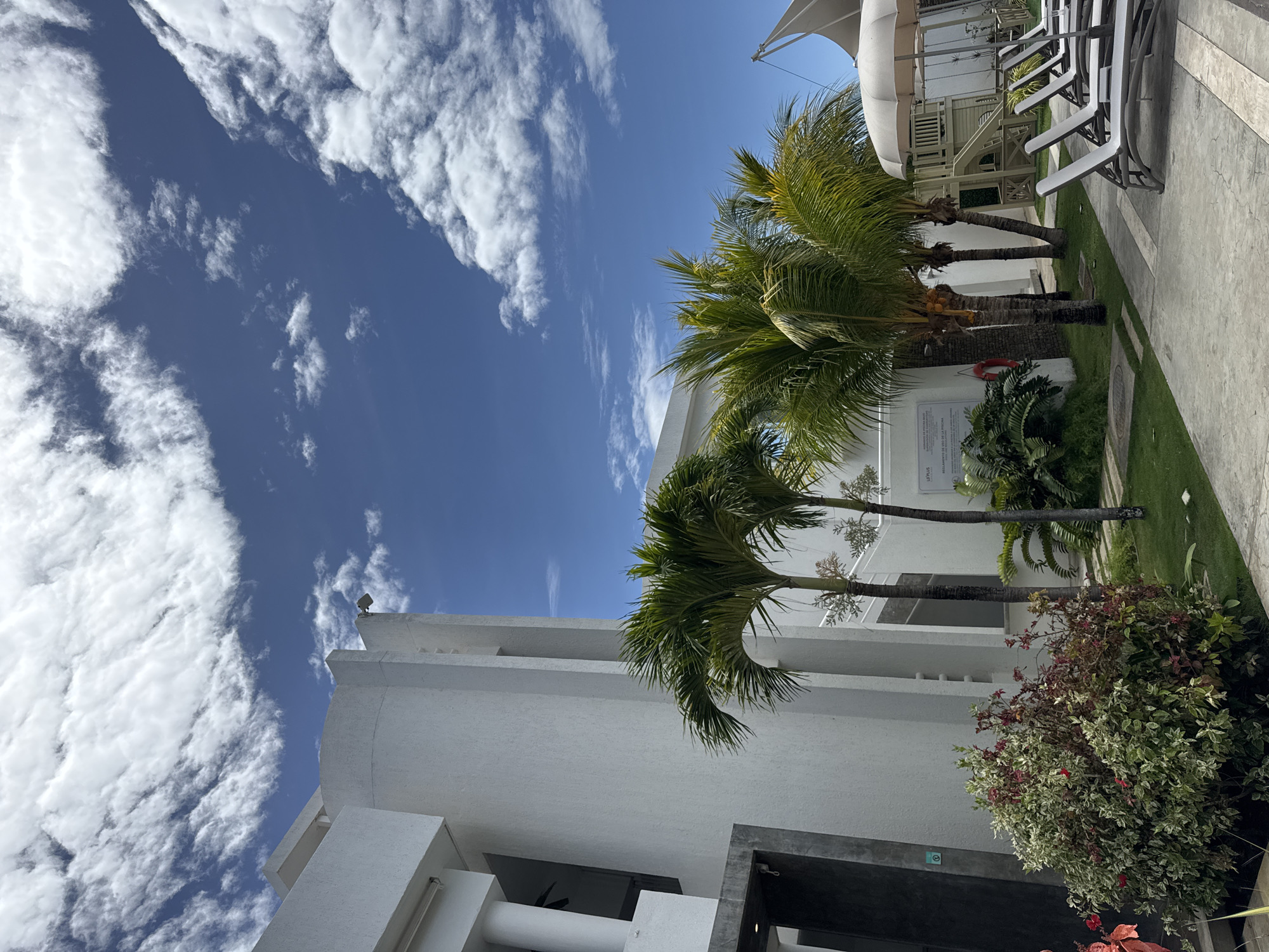 The image shows a view looking up towards a bright, partly cloudy sky from what appears to be a resort or hotel in Playa El Agua, Venezuela. A modern, white building with a multi-tiered structure dominates the lower portion of the frame. Palm trees grow in front of the building, adding a tropical touch.
To the right, the edge of a paved patio is visible, along with lounge chairs under a sunshade. Below the palm trees and next to the building, there are various plants and bushes. The sky is predominantly blue with scattered white clouds.