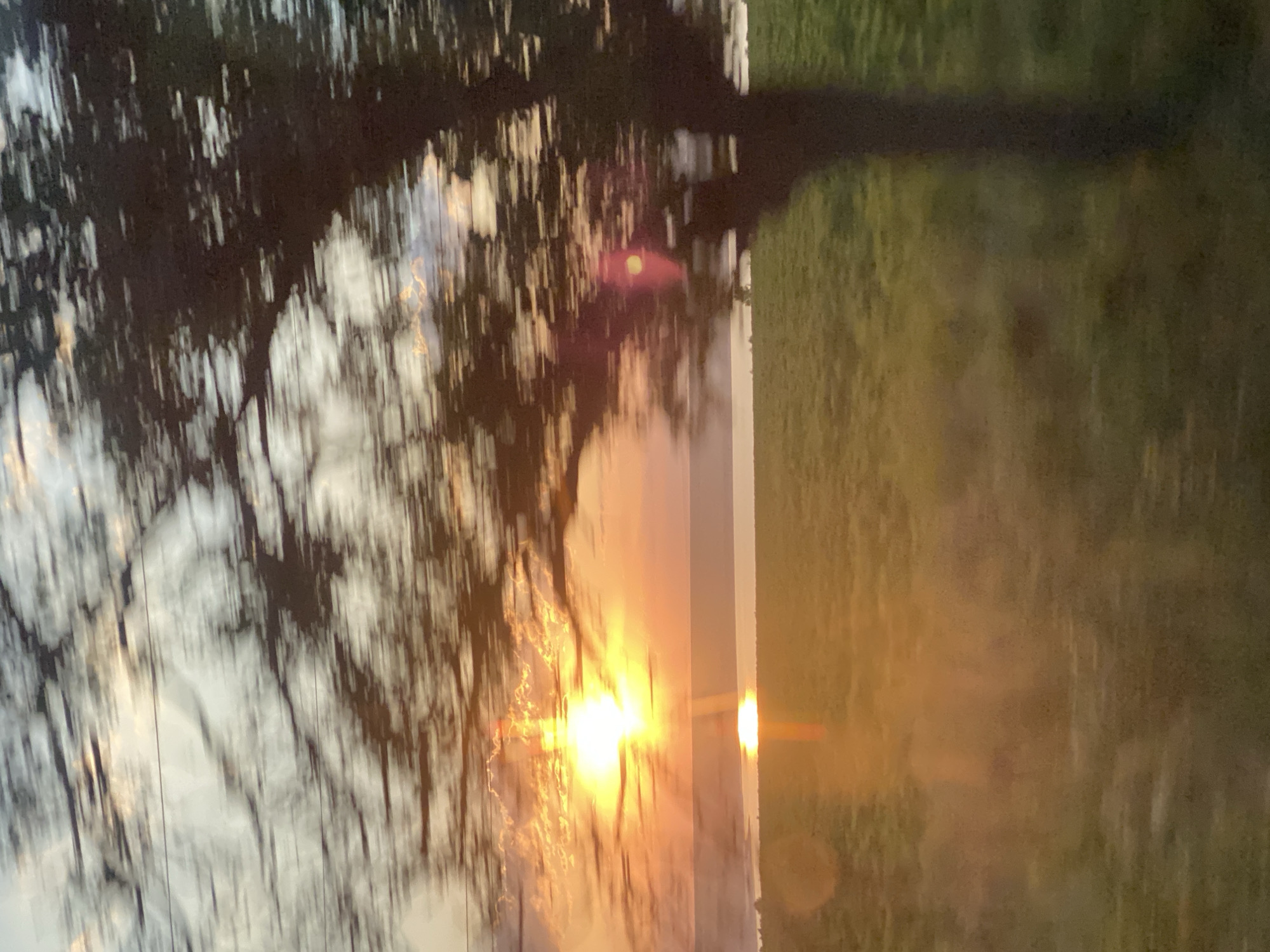 The image captures a blurry sunset over a body of water, likely a lake or sea, viewed from a moving vehicle in Balabanu, Moldova. A large, silhouetted tree with blurred branches dominates the right side of the frame, its dark form contrasting with the bright, orange and yellow hues of the setting sun. The sun is low on the horizon, casting a shimmering reflection on the water. The foreground shows a blurred expanse of green, suggesting a field or grassy area. The sky is a mix of pale blue, white, and streaks of orange from the sunset, with what appear to be power lines stretching across the upper portion of the image. The overall impression is one of motion and a fleeting moment of natural beauty. There are no people or explicit interactions visible in the image.