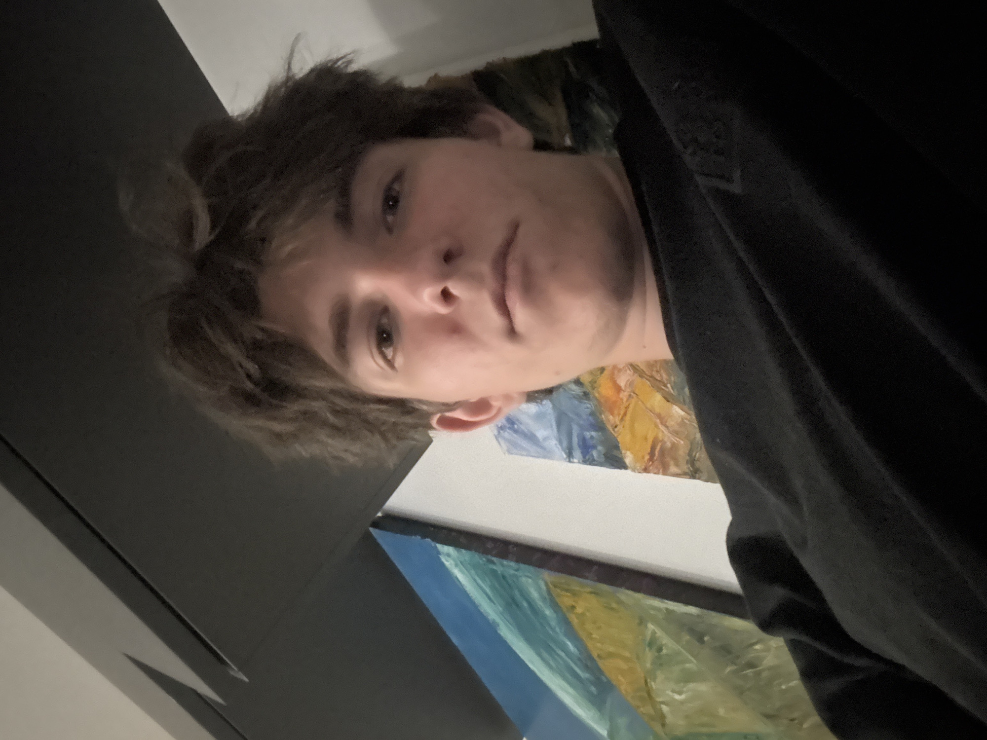 The image is a close-up, slightly blurry selfie of a young person with messy brown hair, looking directly at the camera. They are wearing a black crewneck shirt. In the background, there are two abstract paintings on a white wall, with a dark gray ceiling or overhead structure visible at the top of the frame. The overall lighting suggests an indoor setting, possibly a home or art gallery. There are no discernible elements that place this image specifically in Cupra Marittima, Italy.