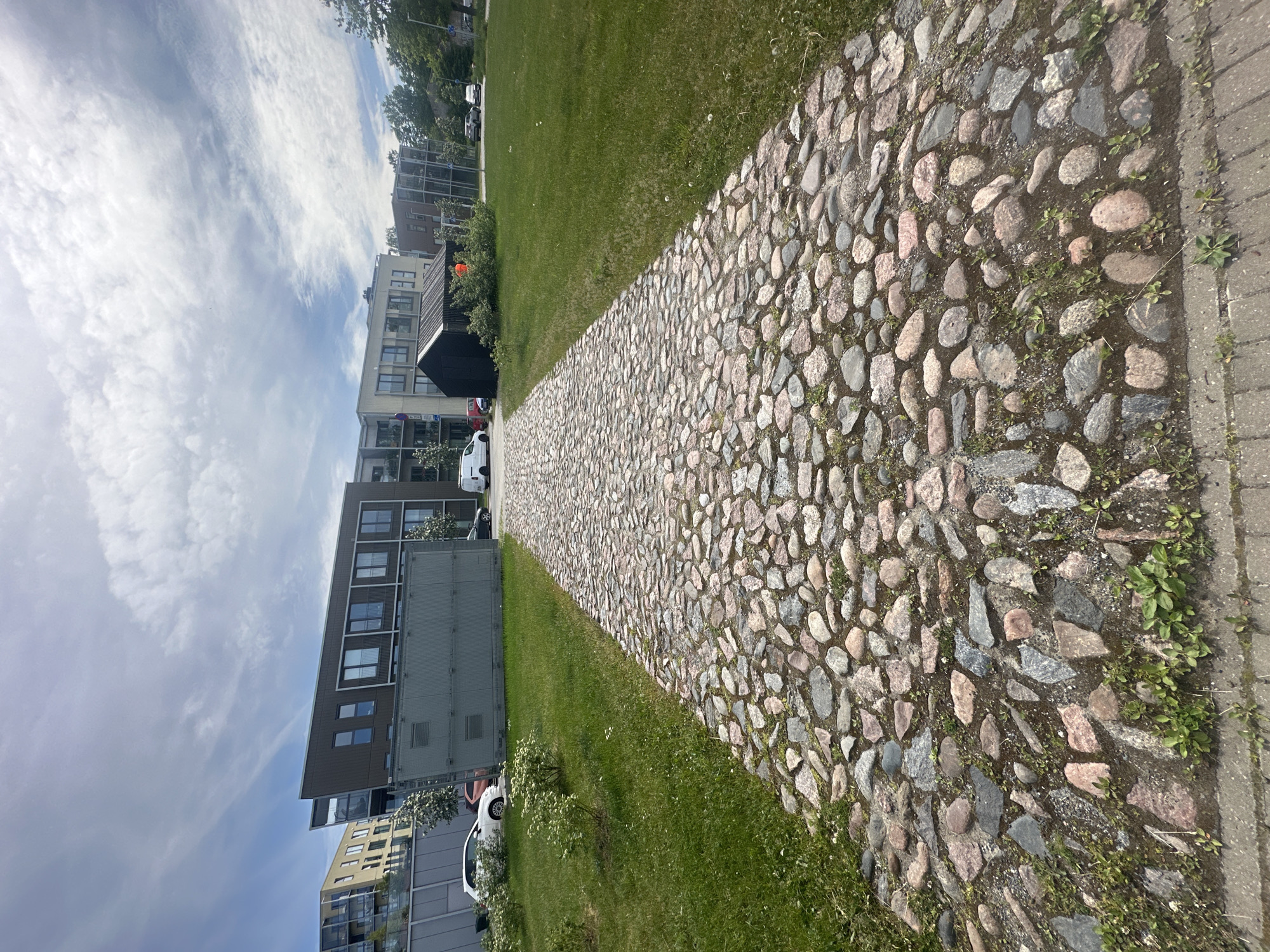 A low-angle shot captures a cobblestone path leading towards modern apartment buildings under a cloudy sky. The path is made of irregularly shaped stones in shades of gray, pink, and brown, with patches of green grass growing between them. To the left of the path is a neatly mown lawn with a few small bushes. In the background, several contemporary multi-story buildings with large windows and balconies are visible. A dark, shed-like structure with a pitched roof sits on the right side of the path, partially obscured by bushes. Several cars, including a white van and a white passenger car, are parked along the road in front of the buildings. The scene appears to be a residential area in Tallinn, Estonia, likely during daytime.