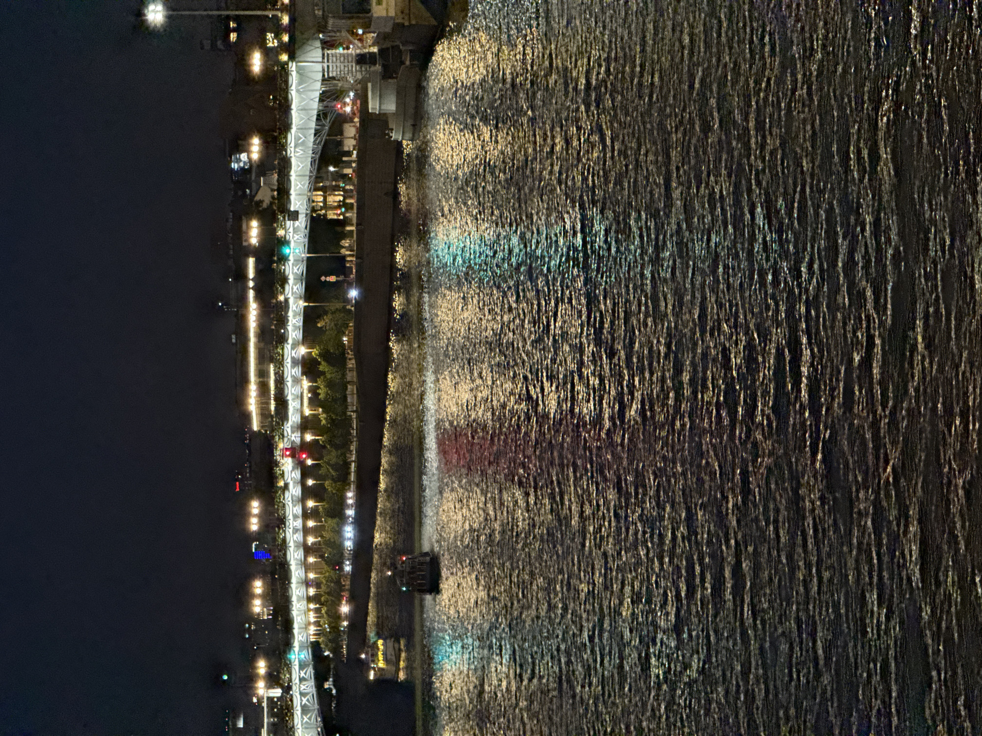 The image captures a nighttime view of the Moskva River in Moscow, Russia, specifically featuring the Pushkinsky (Andreevsky) pedestrian bridge.
The sky is dark and clear, occupying the upper portion of the frame. Below, the river's surface is dark but animated by numerous reflections of city lights, appearing as shimmering streaks of yellow, white, red, and green on the rippled water. In the midground, a dark tour boat with illuminated windows and a few visible figures is positioned towards the left, navigating the river. Further to the right, a white utility boat or dock structure is partially visible along the riverbank.
The Pushkinsky pedestrian bridge spans the river horizontally across the midground, characterized by its distinctive white arched structure and numerous small white lights outlining its framework. Above the bridge's main span, a wide promenade is illuminated by a series of evenly spaced yellow streetlights. Along the far bank, an embankment features a row of trees, also lit, and vehicular traffic is visible as streaks of light from moving cars.
In the background, beyond the bridge and embankment, various city buildings are visible with scattered lights, including yellow, red, and blue illuminations. A prominent red "T" logo is discernible on a distant building, and a section of a building glows distinctly blue. A tall, bright streetlamp with multiple light sources is situated on the far right edge of the frame, contrasting with the dark background. The overall scene depicts a vibrant urban nightscape.